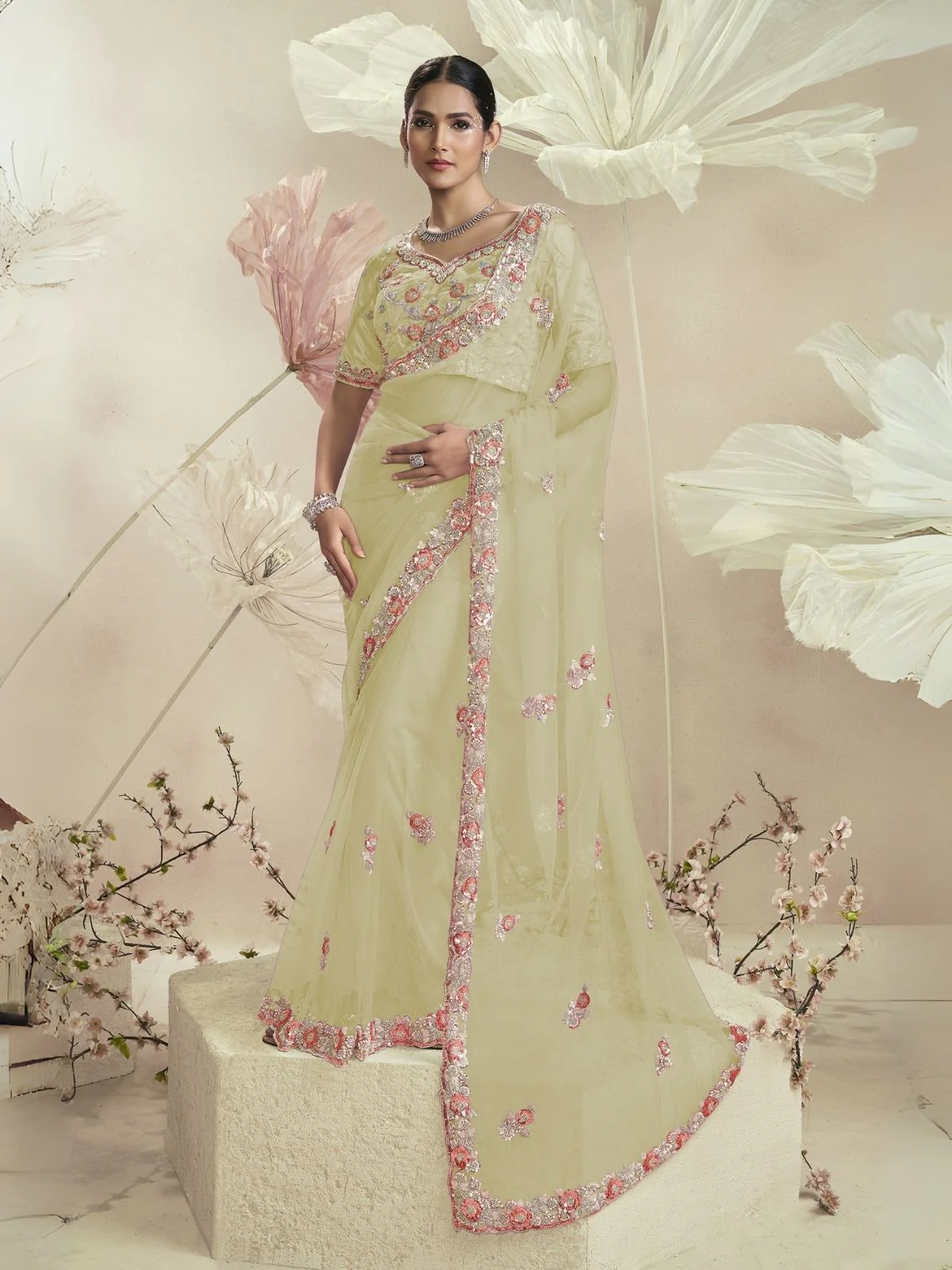 Odette Yellow Net Embellished Elegant Saree For Women