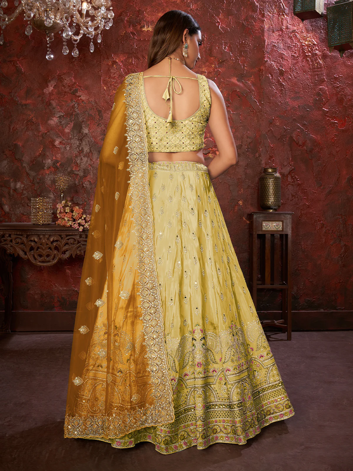 Odette Yellow Net Embellished Semi Stitched Lehenga With Unstitched Blouse for Women - Image 3