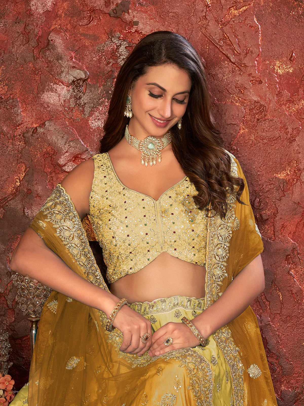 Odette Yellow Net Embellished Semi Stitched Lehenga With Unstitched Blouse for Women - Image 4