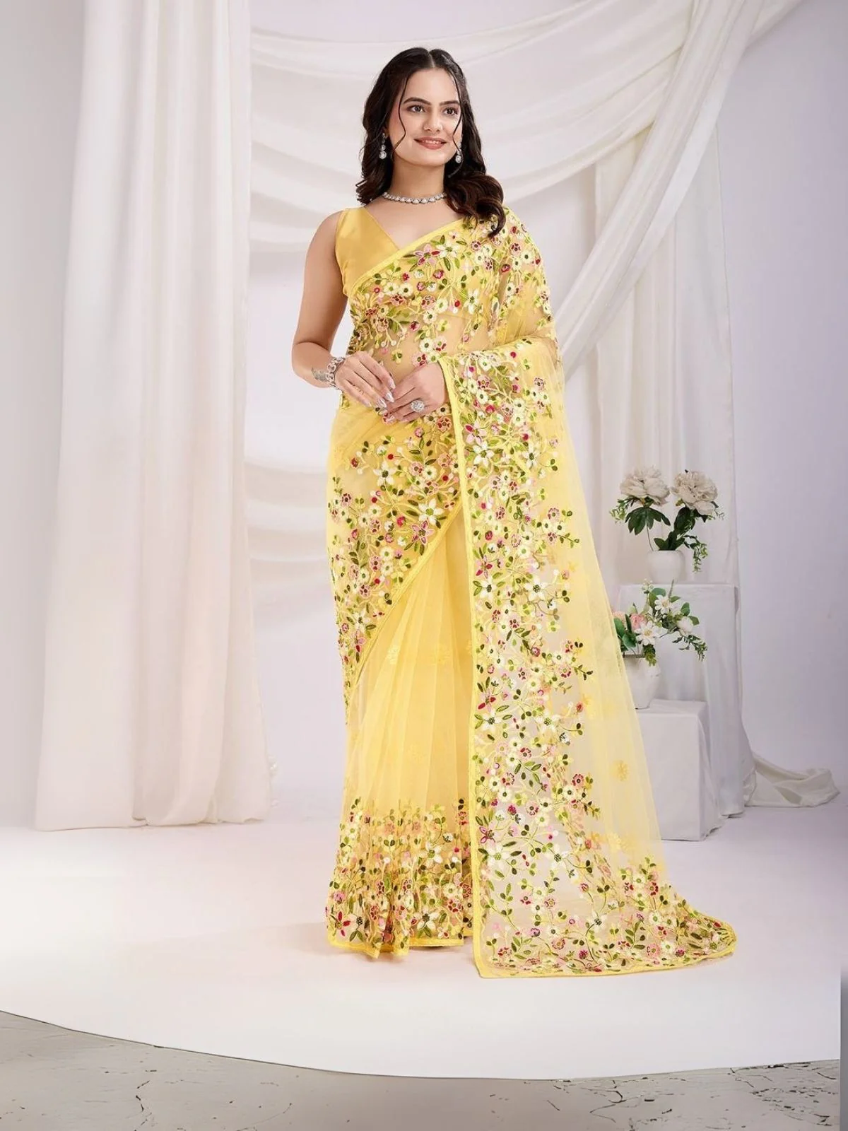 Odette Yellow Net Embroidered Elegant Saree For Women