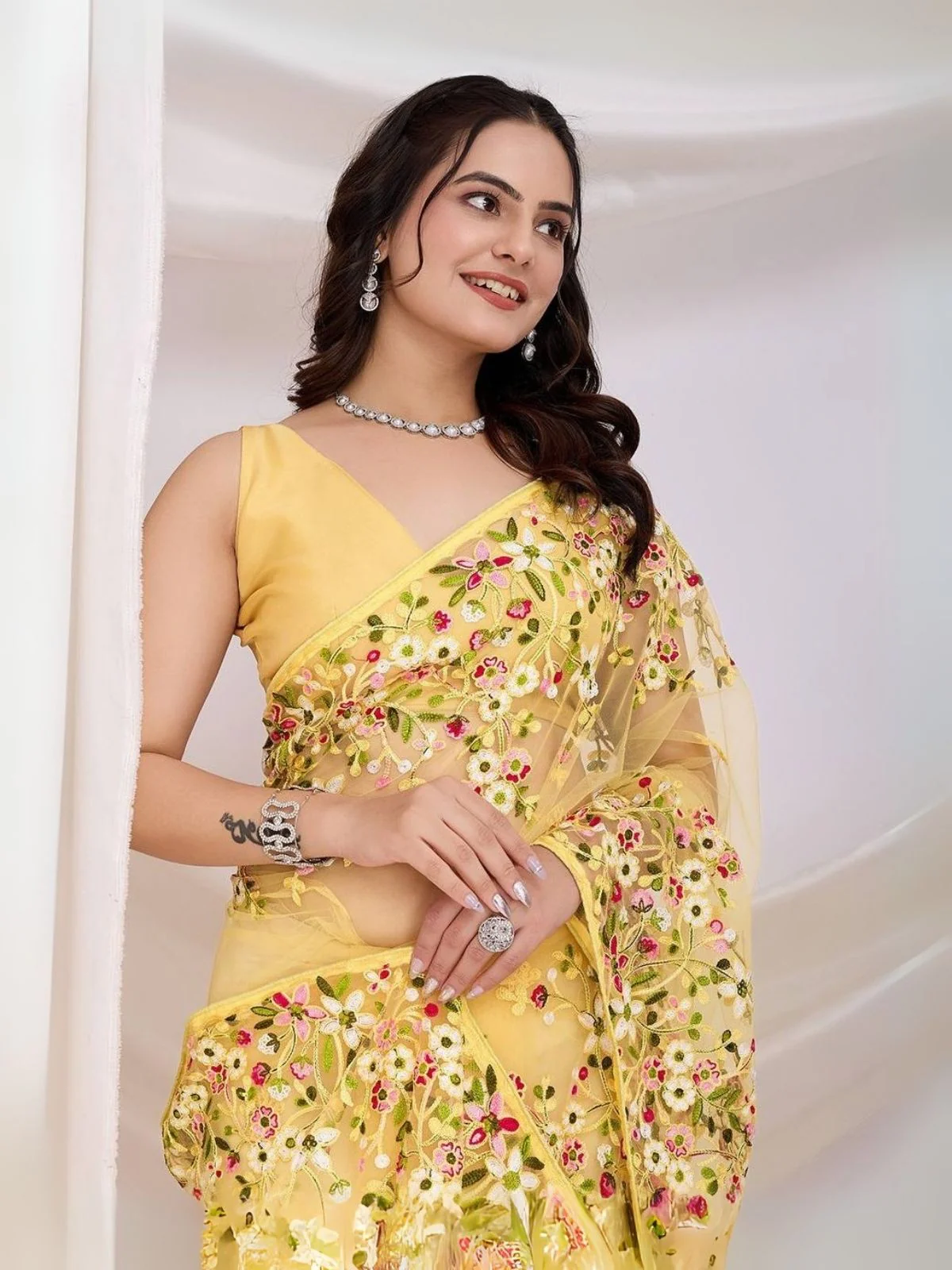 Odette Yellow Net Embroidered Elegant Saree For Women - Image 2