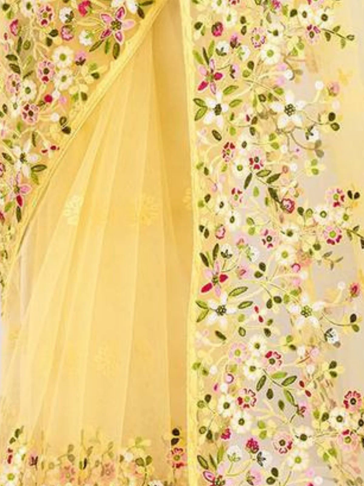 Odette Yellow Net Embroidered Elegant Saree For Women - Image 3