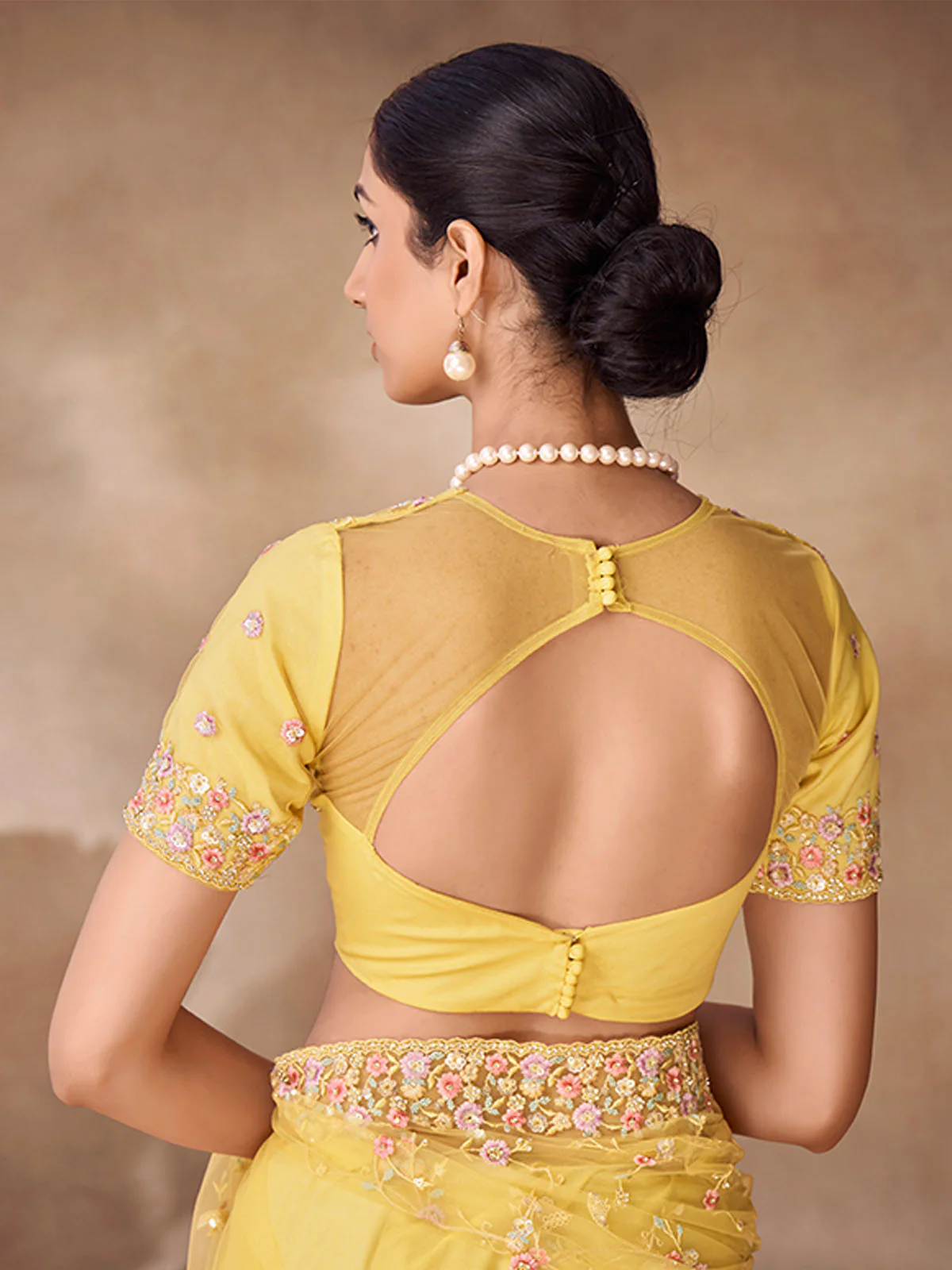 Odette Yellow Net Embroidered Saree With Unstitched Blouse For Women - Image 4