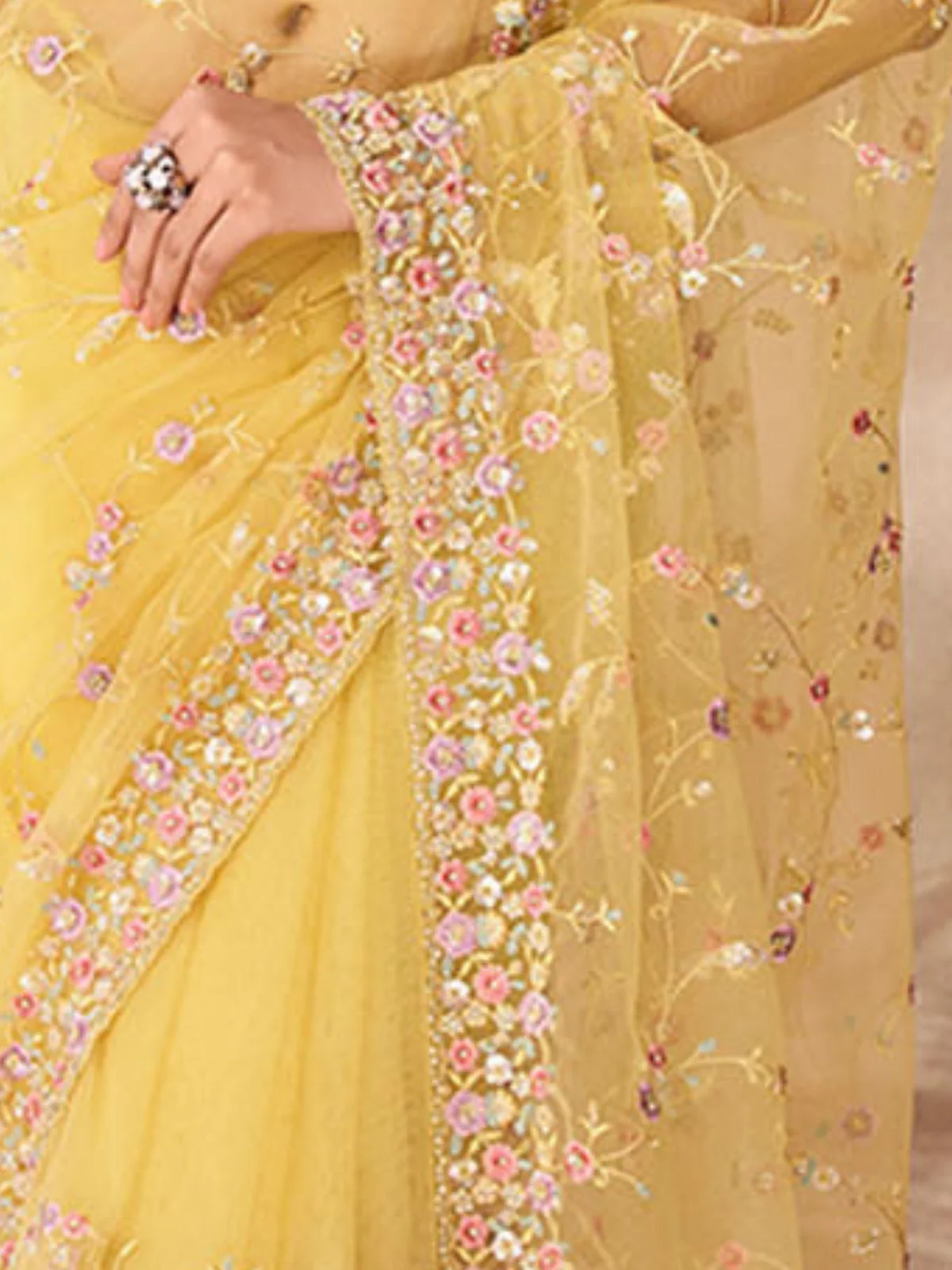 Odette Yellow Net Embroidered Saree With Unstitched Blouse For Women - Image 5