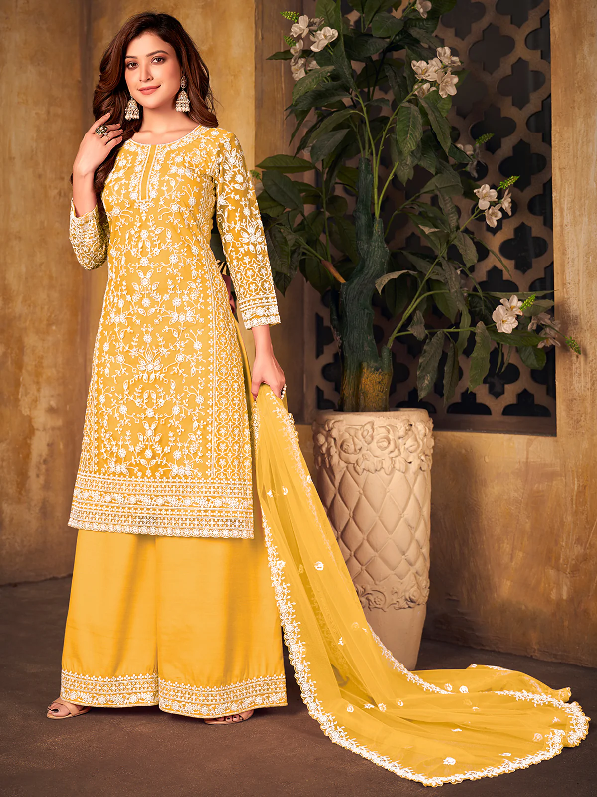 Odette Yellow Net Embroidered Semi stitched Kurta Set with Inner For Women - Image 2