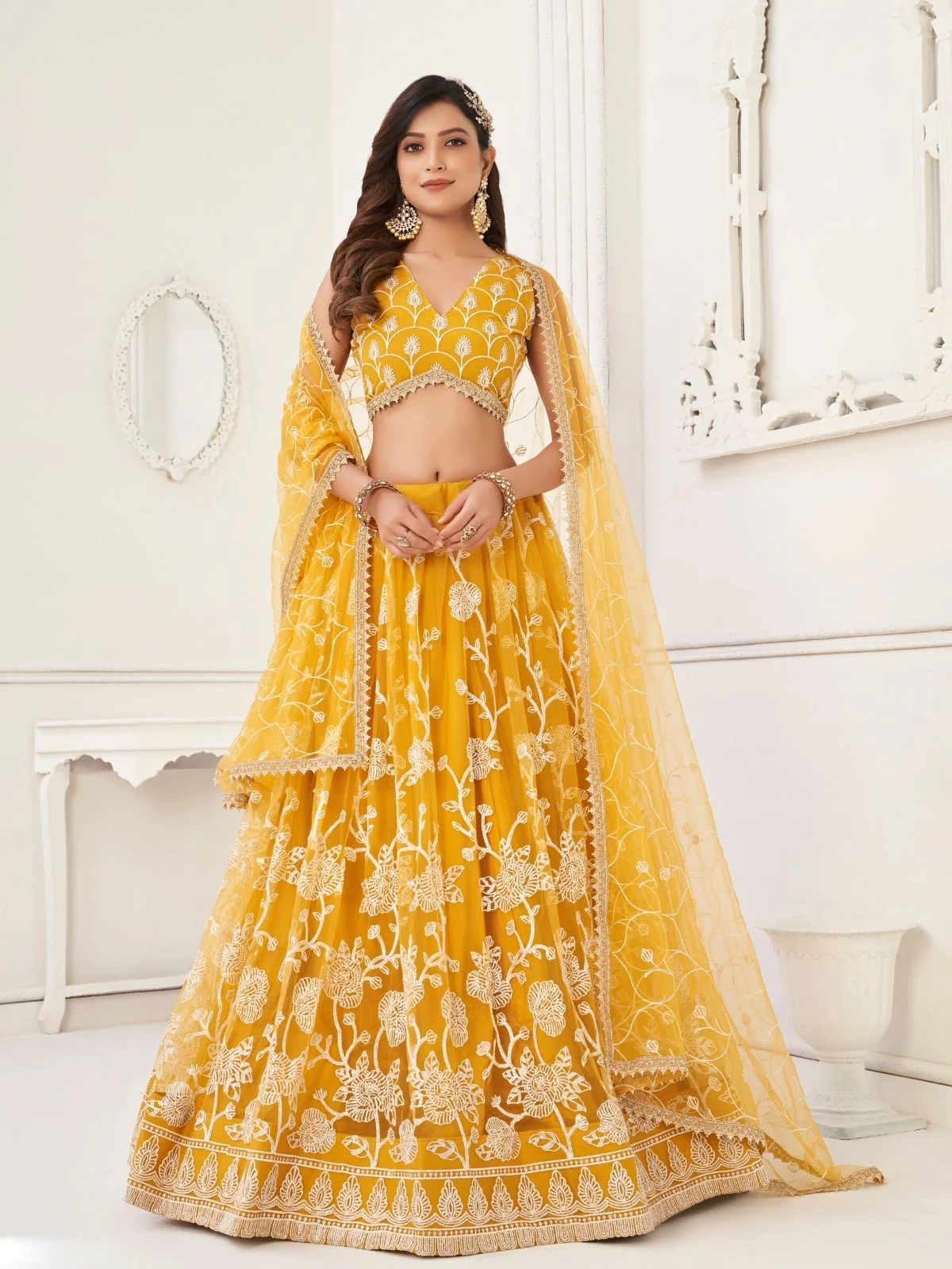 Odette Yellow Net Embroidered Semi Stitched Lehenga For Women - Image 2