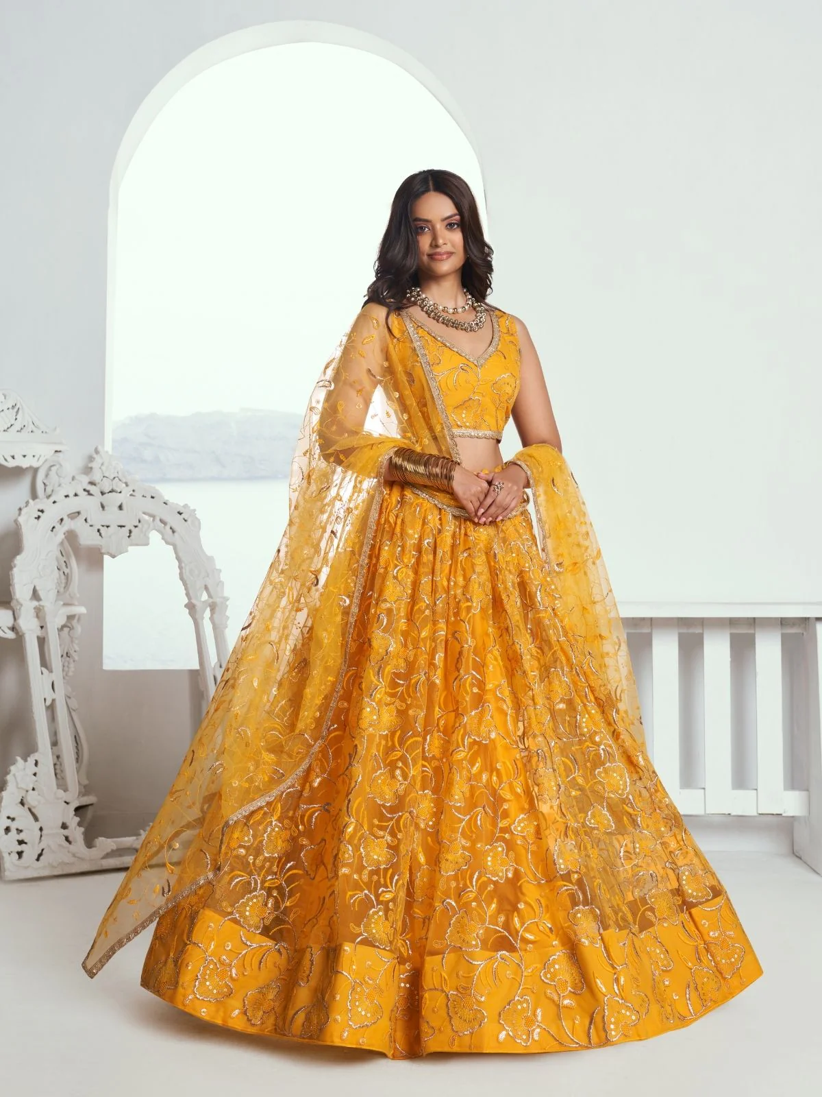 Odette Yellow Net Embroidered Semi Stitched Lehenga For Women - Image 2