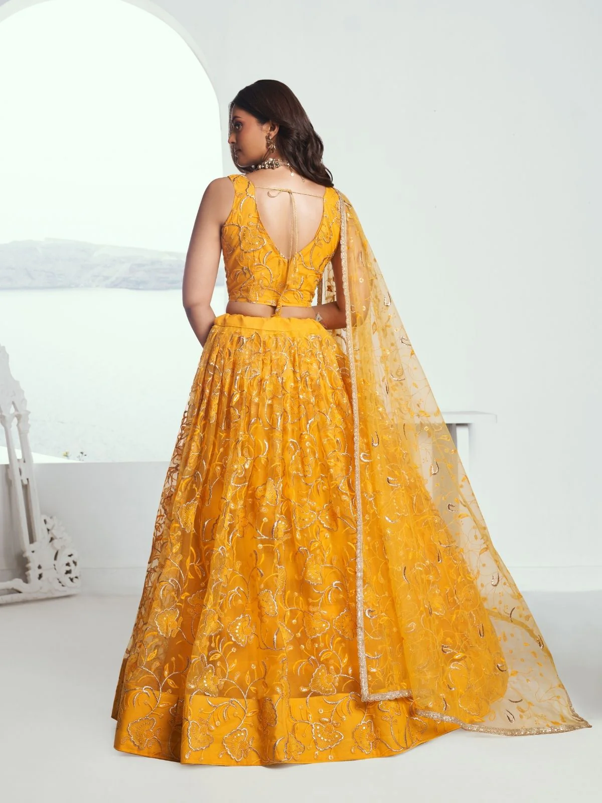 Odette Yellow Net Embroidered Semi Stitched Lehenga For Women - Image 3