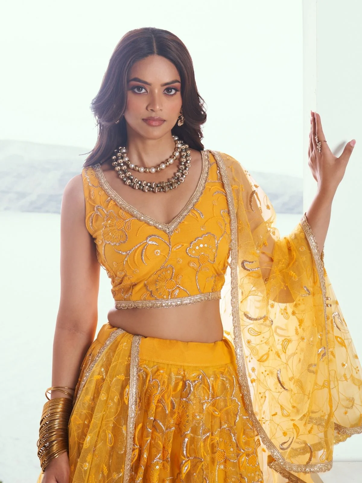 Odette Yellow Net Embroidered Semi Stitched Lehenga For Women - Image 4