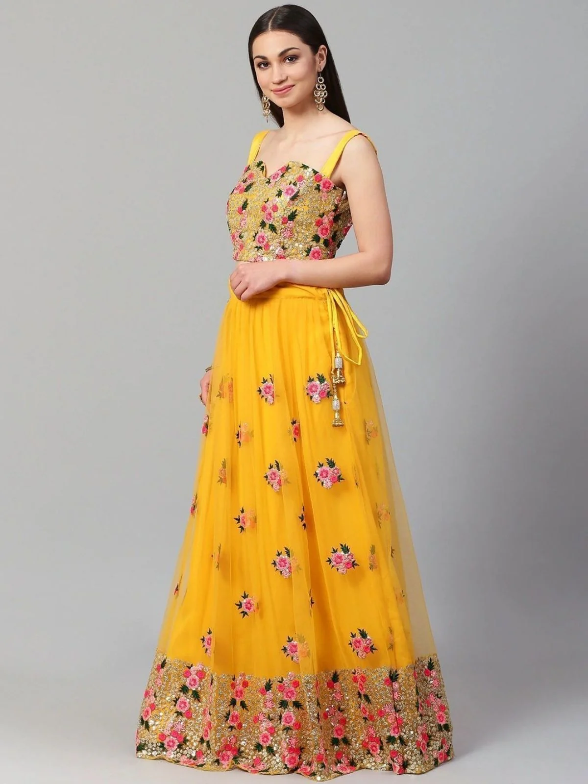 Odette Yellow Net Embroidered Semi-Stitched lehenga For Women - Image 2