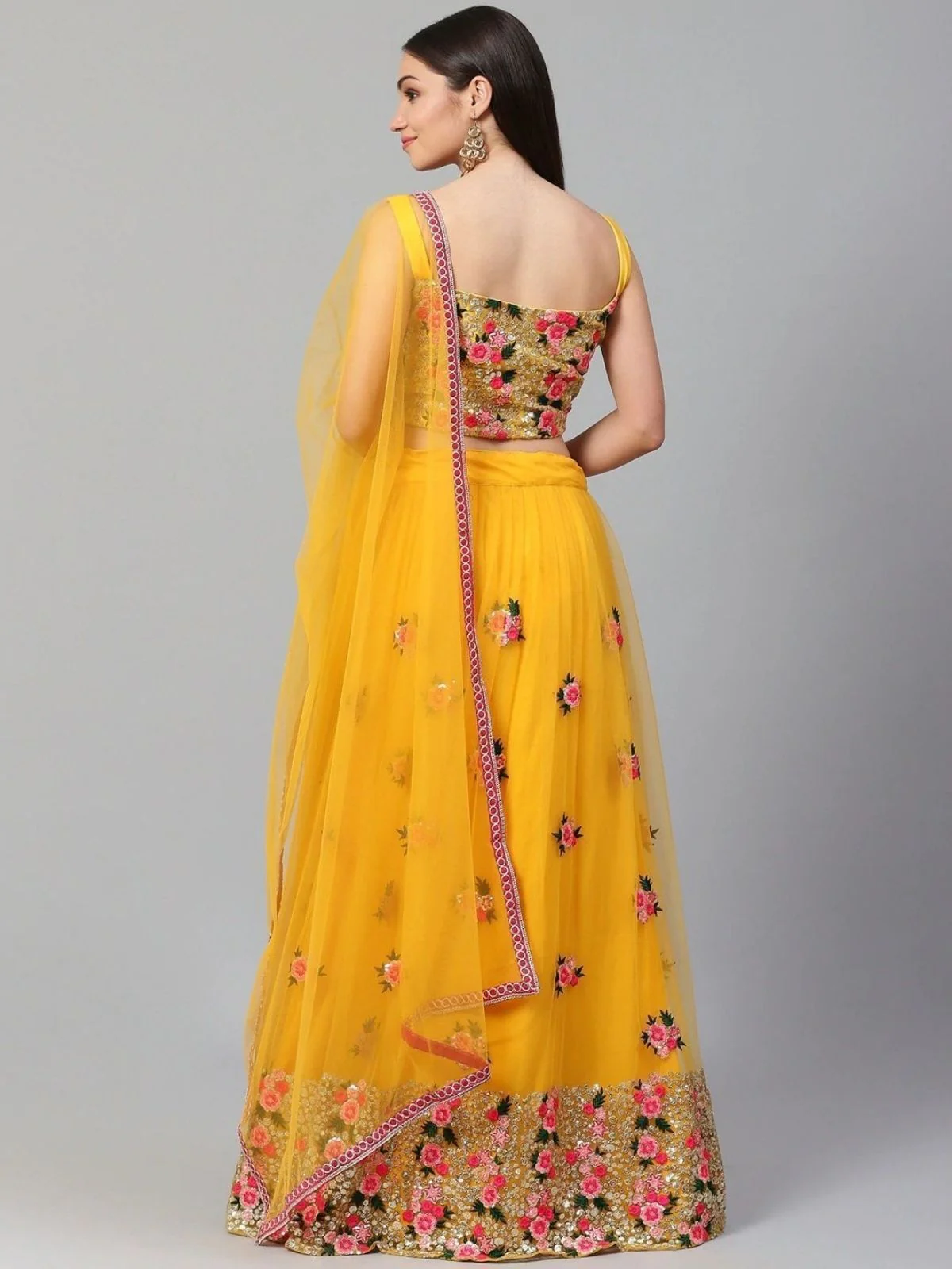 Odette Yellow Net Embroidered Semi-Stitched lehenga For Women - Image 3