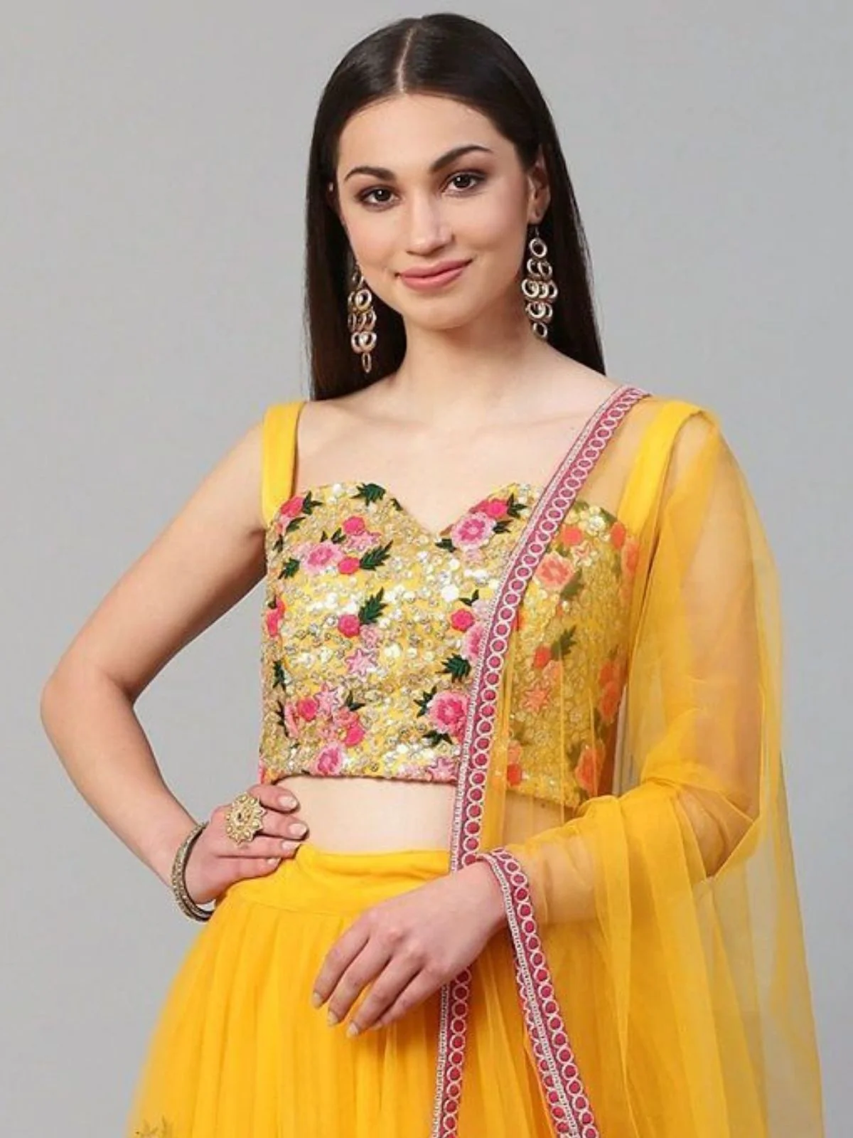 Odette Yellow Net Embroidered Semi-Stitched lehenga For Women - Image 4
