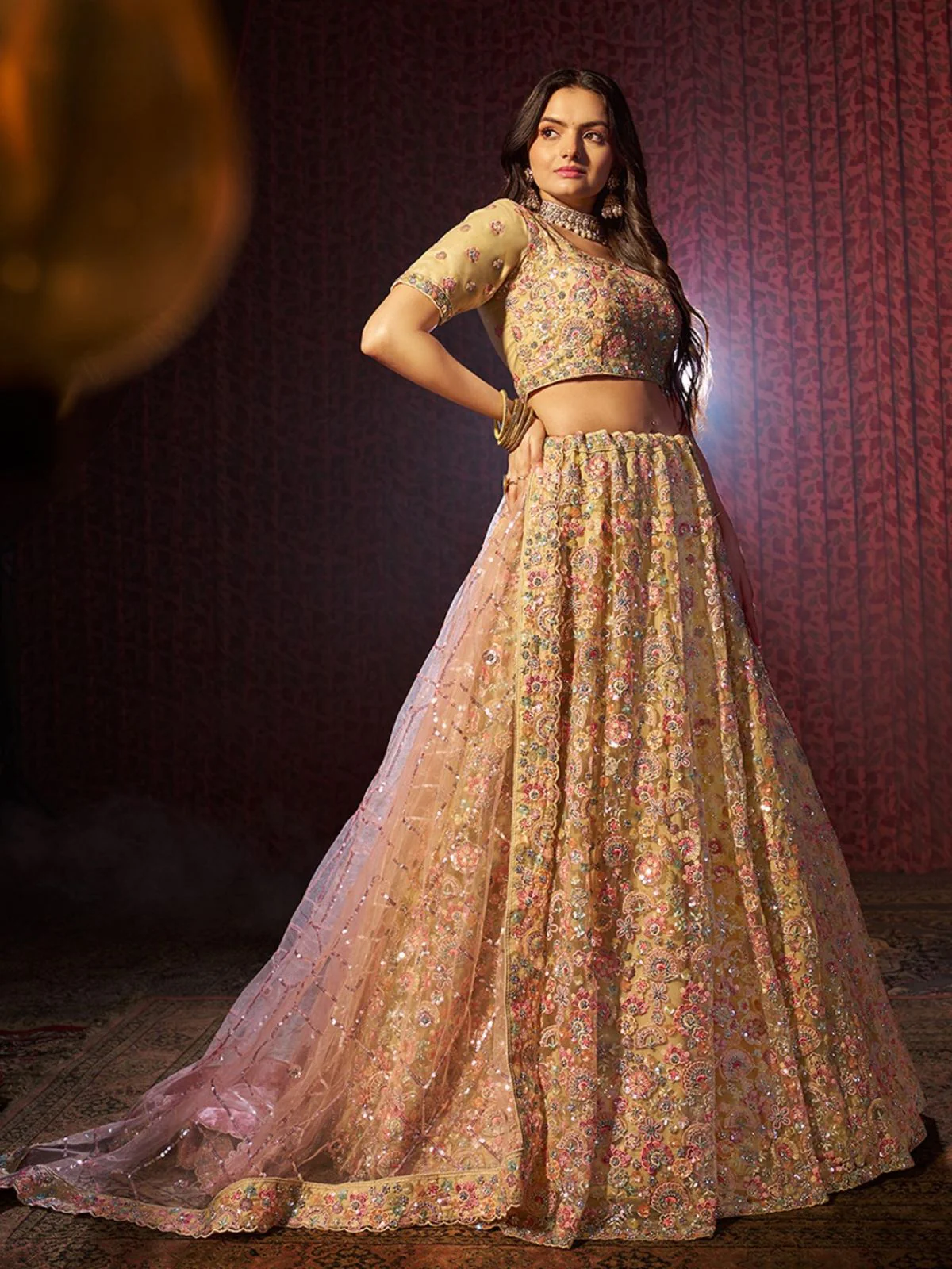 Odette Yellow Net Embroidered Semi-Stitched Lehenga For Women - Image 2