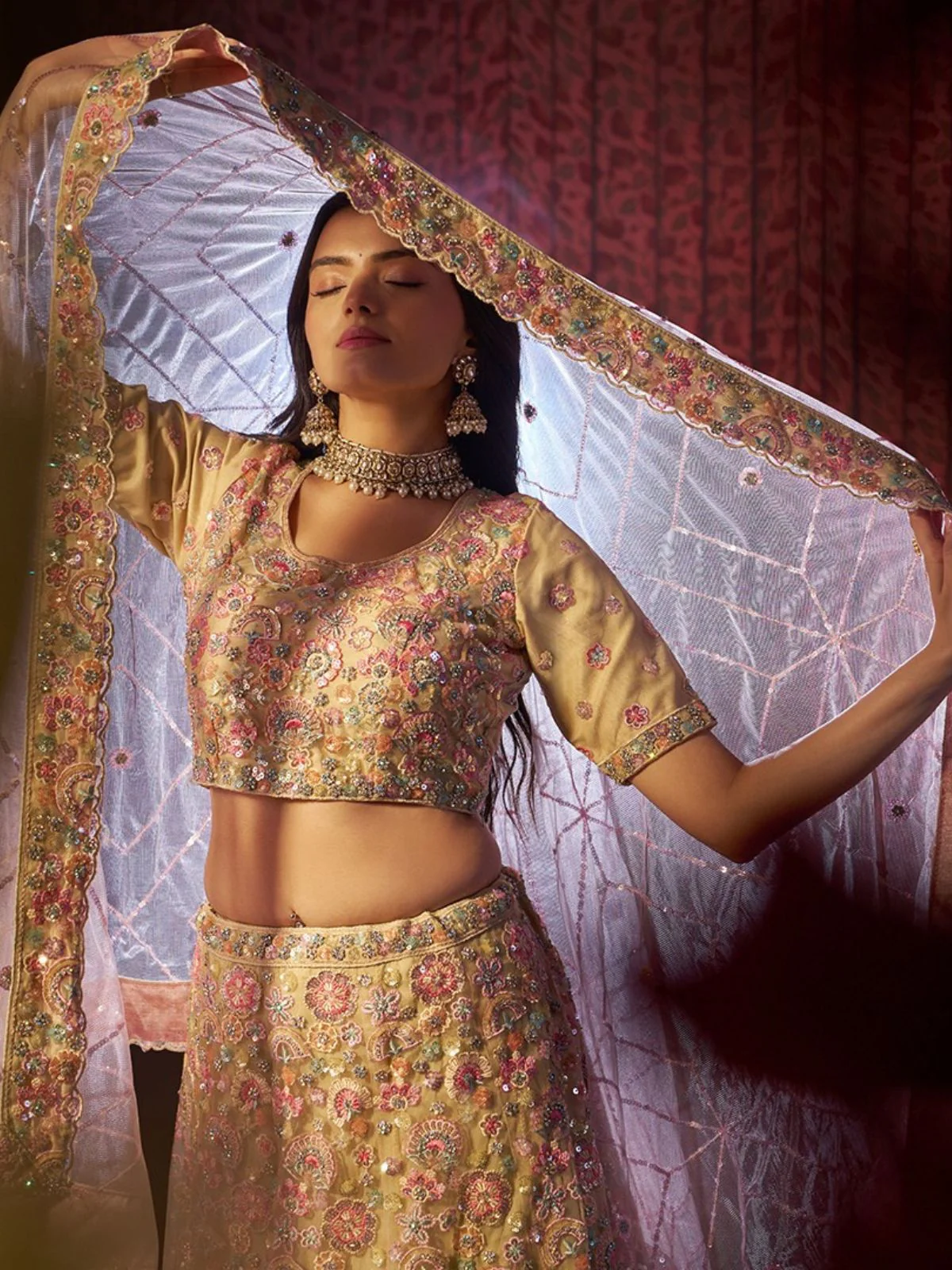 Odette Yellow Net Embroidered Semi-Stitched Lehenga For Women - Image 3