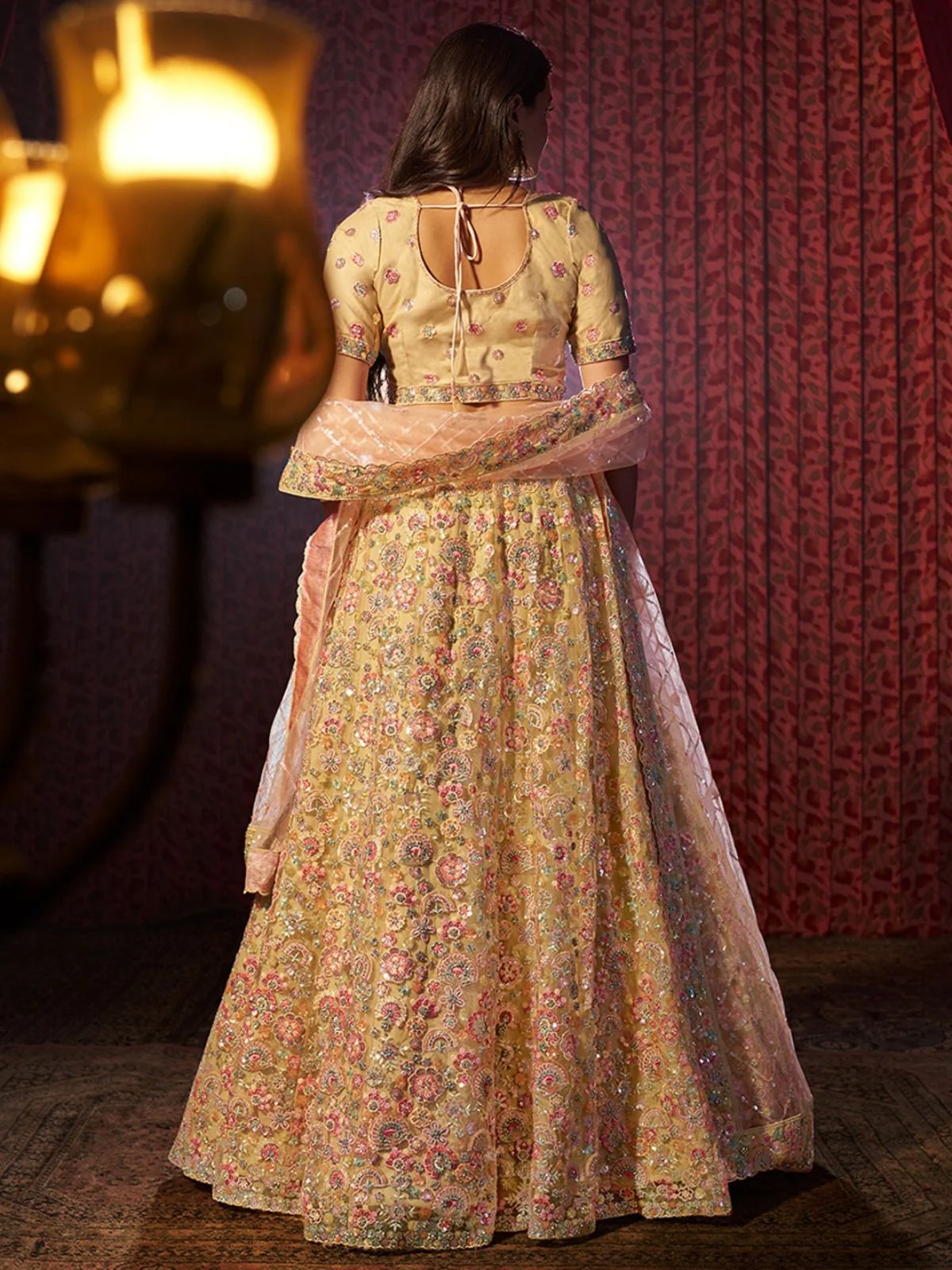 Odette Yellow Net Embroidered Semi-Stitched Lehenga For Women - Image 4