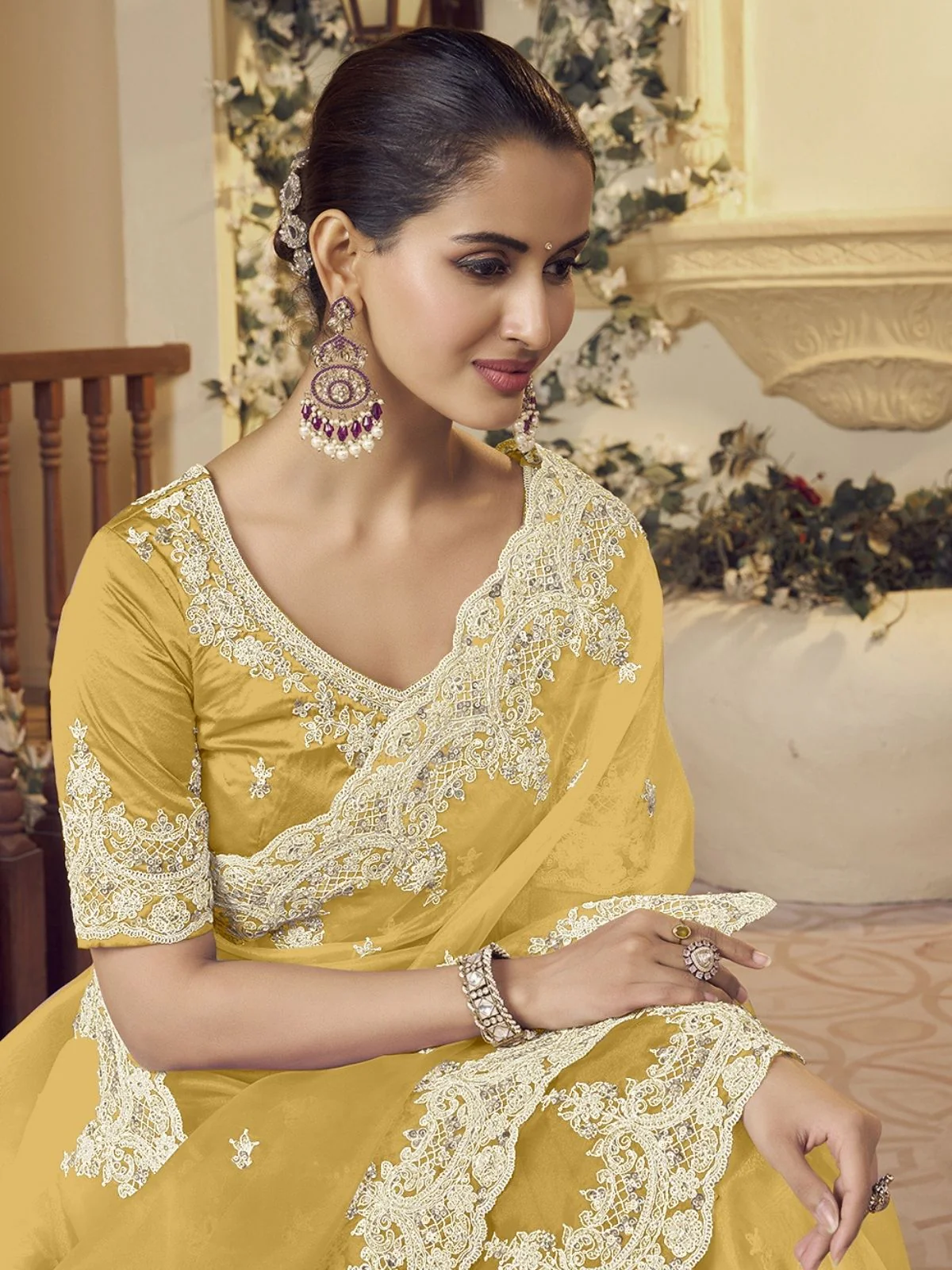 Odette Yellow Organza Embellished Elegant Saree For Women - Image 2