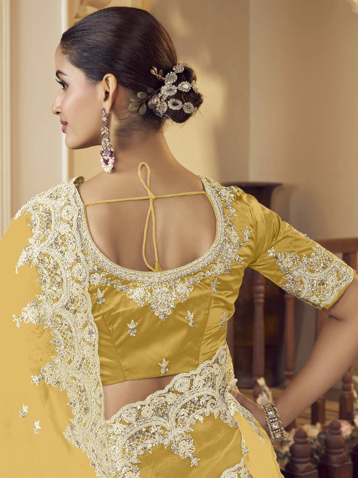 Odette Yellow Organza Embellished Elegant Saree For Women - Image 3