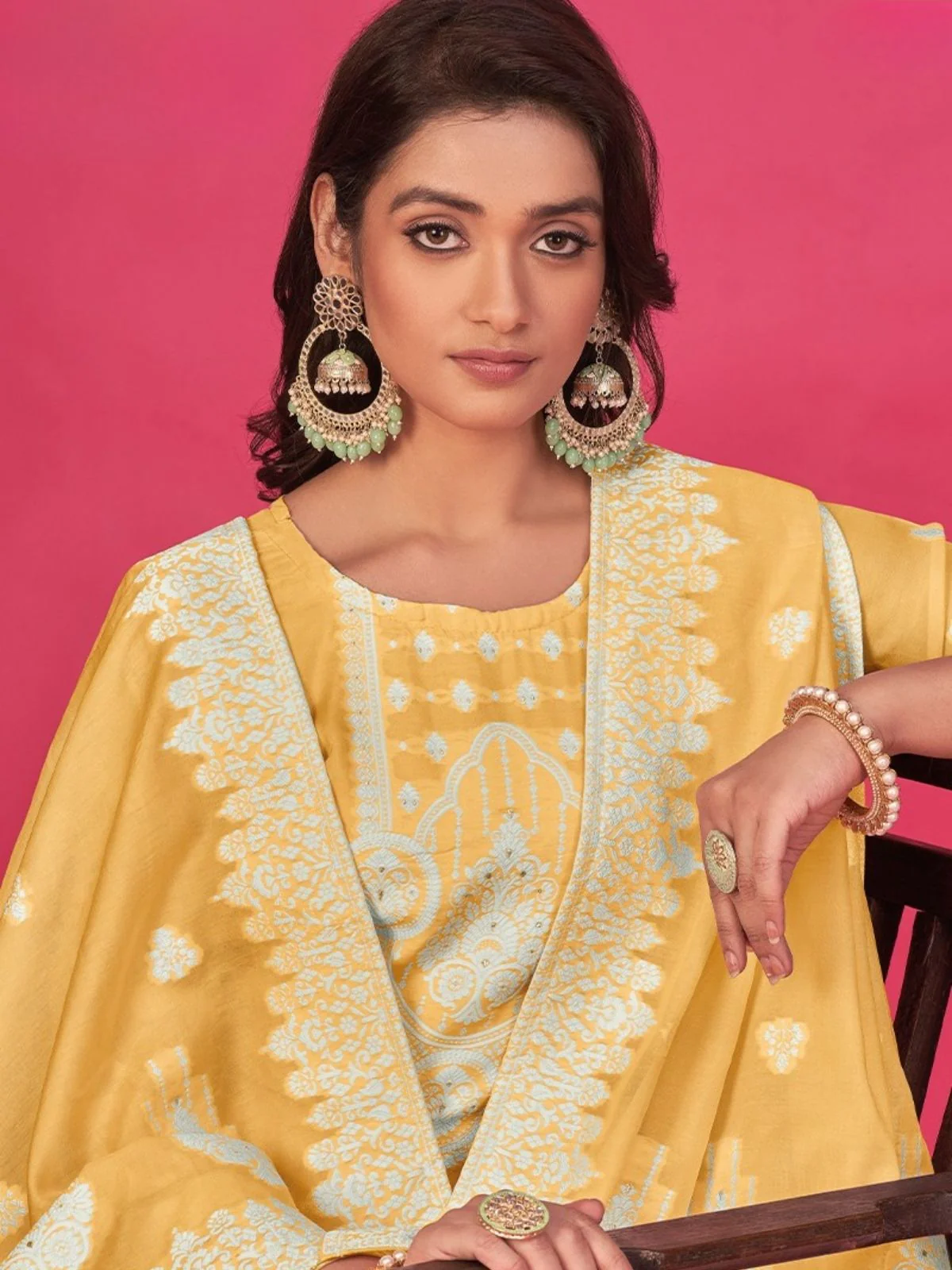 Odette Yellow Organza Embroidered Semi-Stitched Kurta Set For Women - Image 2
