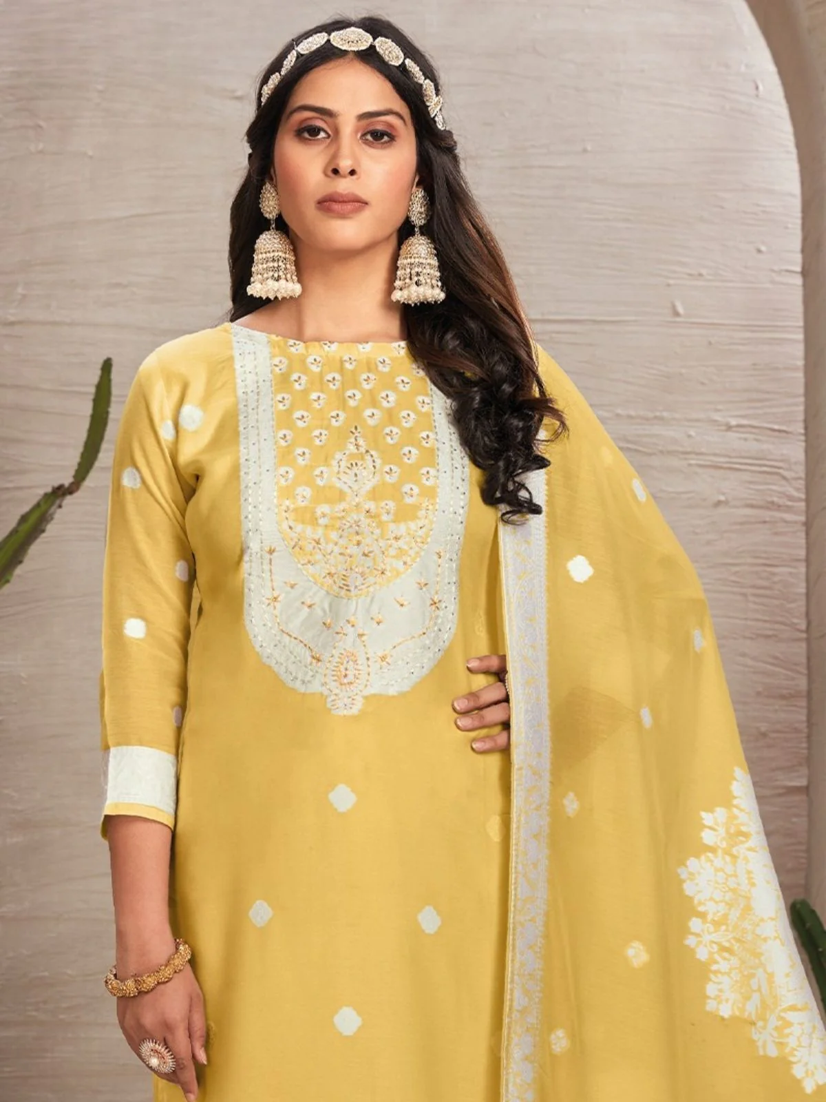 Odette Yellow Organza Embroidered Semi-Stitched Kurta Set For Women - Image 2