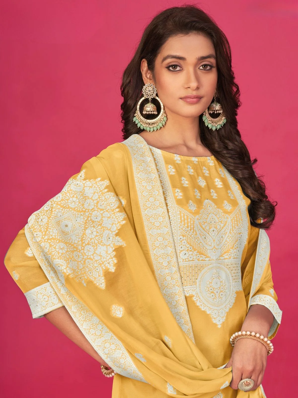 Odette Yellow Organza Embroidered Semi-Stitched Kurta Set For Women - Image 2