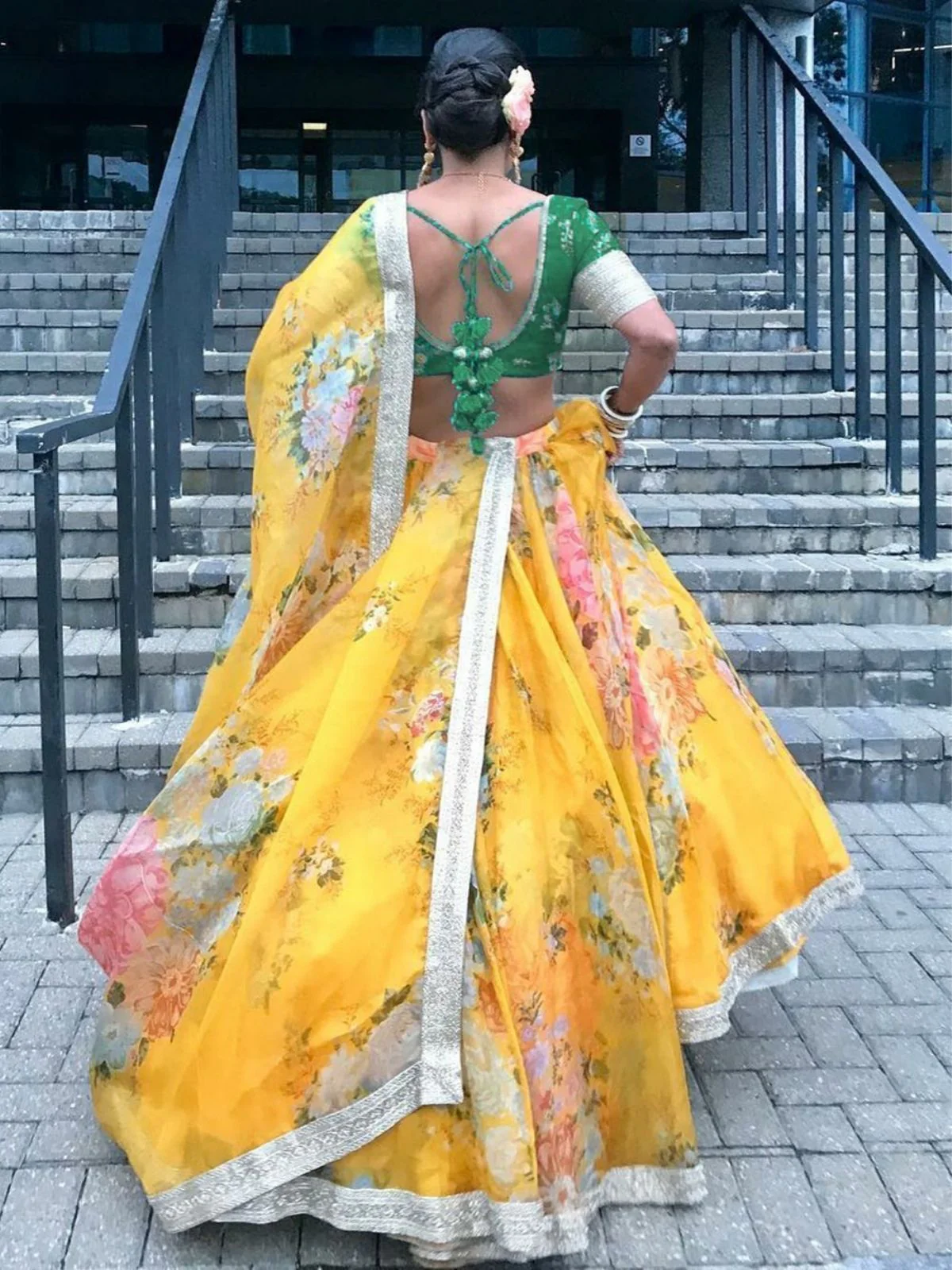 Odette Yellow Organza Printed Semi-Stitched lehenga For Women - Image 2