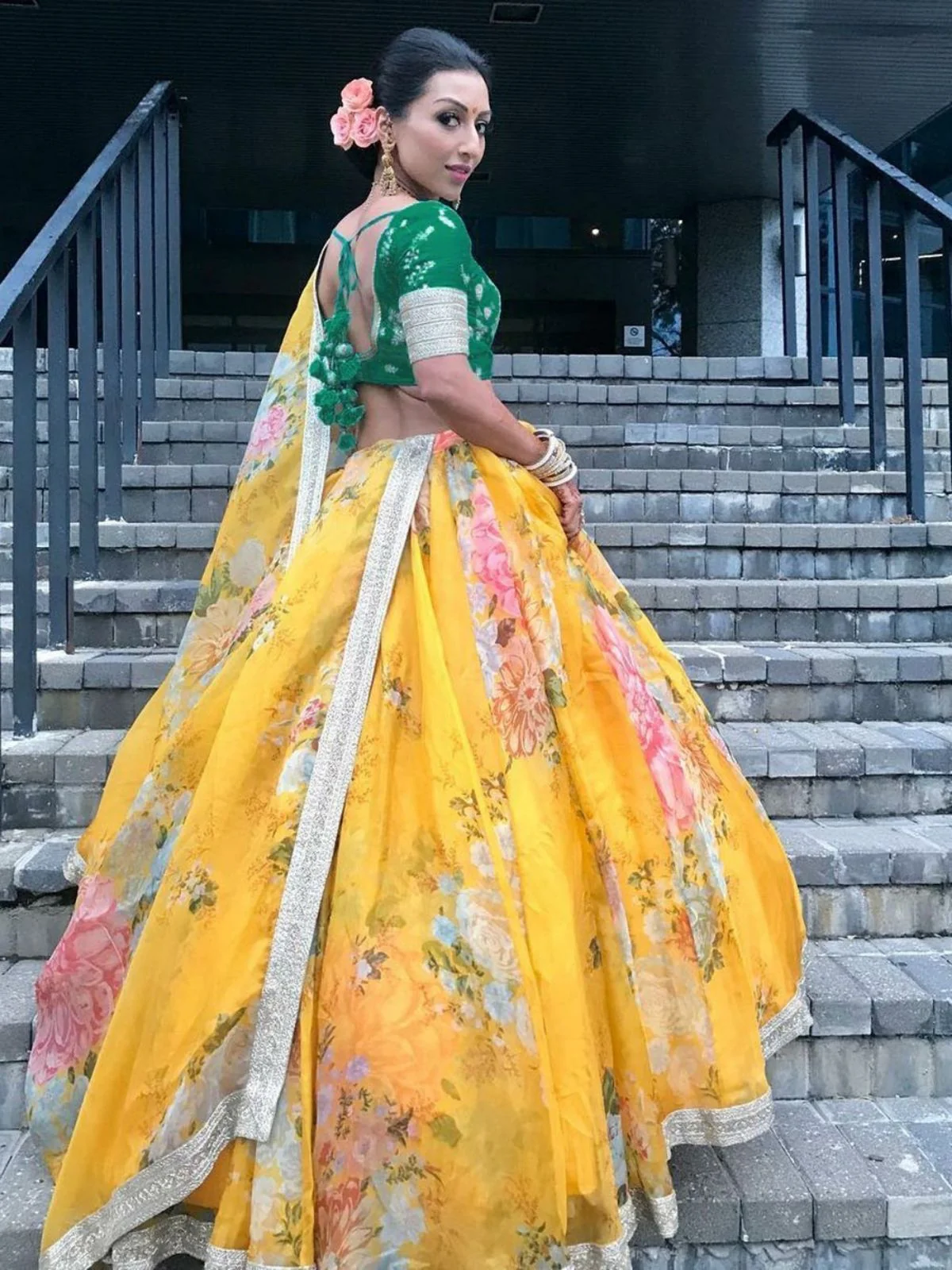 Odette Yellow Organza Printed Semi-Stitched lehenga For Women - Image 3