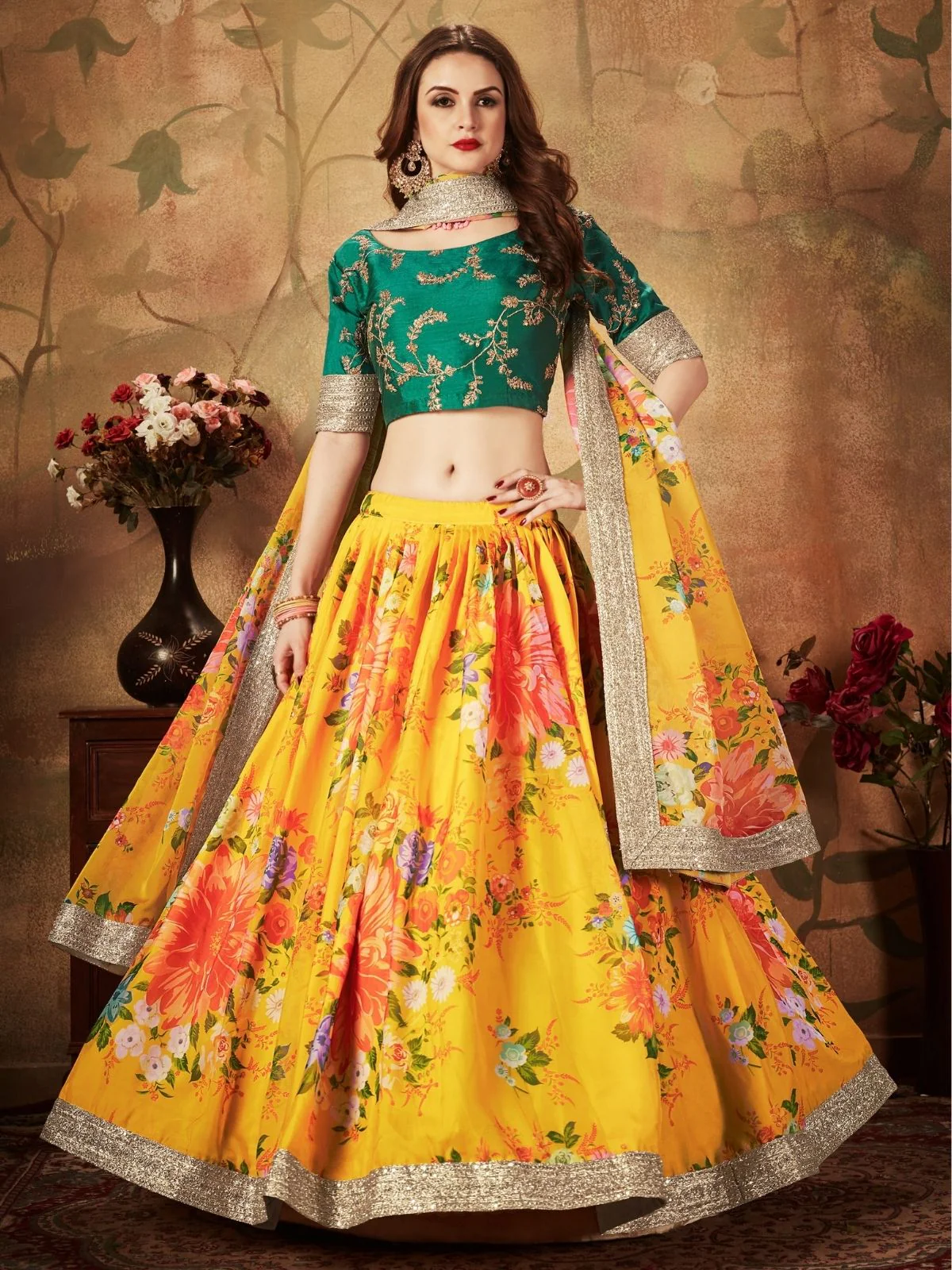 Odette Yellow Organza Printed Semi Stitched Lehenga With Unstitched Blouse For Women - Image 2