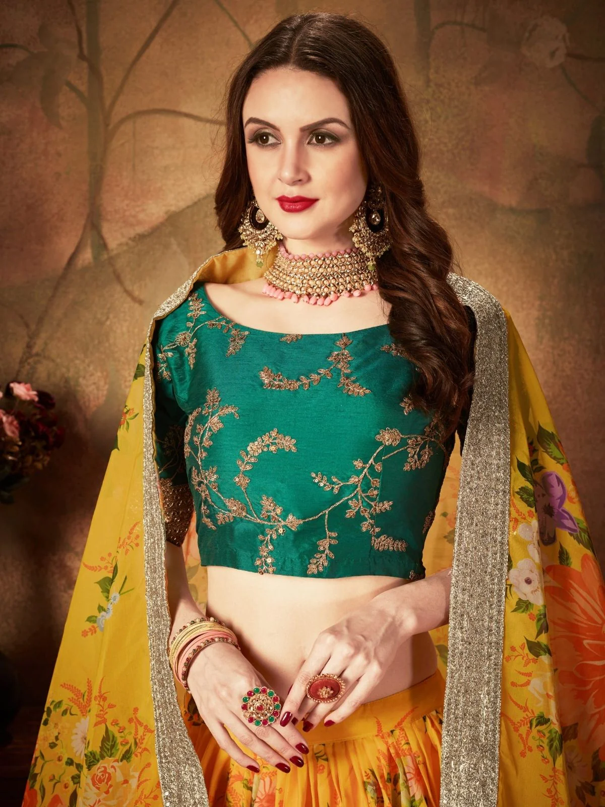 Odette Yellow Organza Printed Semi Stitched Lehenga With Unstitched Blouse For Women - Image 5