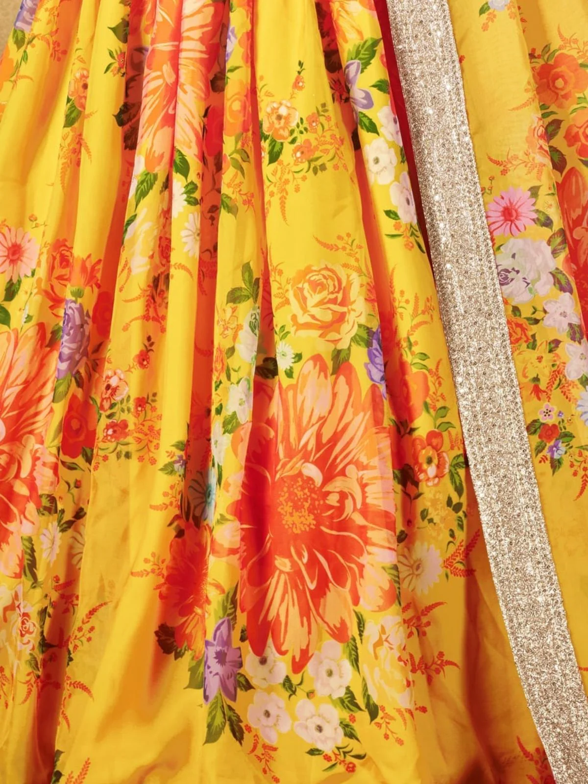 Odette Yellow Organza Printed Semi Stitched Lehenga With Unstitched Blouse For Women - Image 6