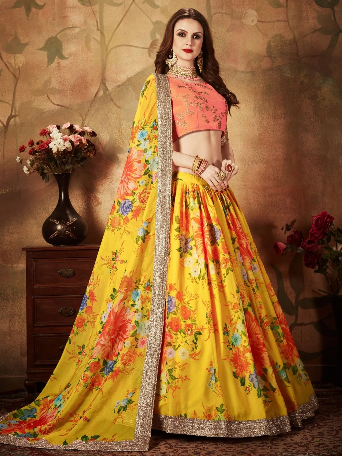 Odette Yellow Organza Printed Semi Stitched Lehenga With Unstitched Blouse For Women - Image 2