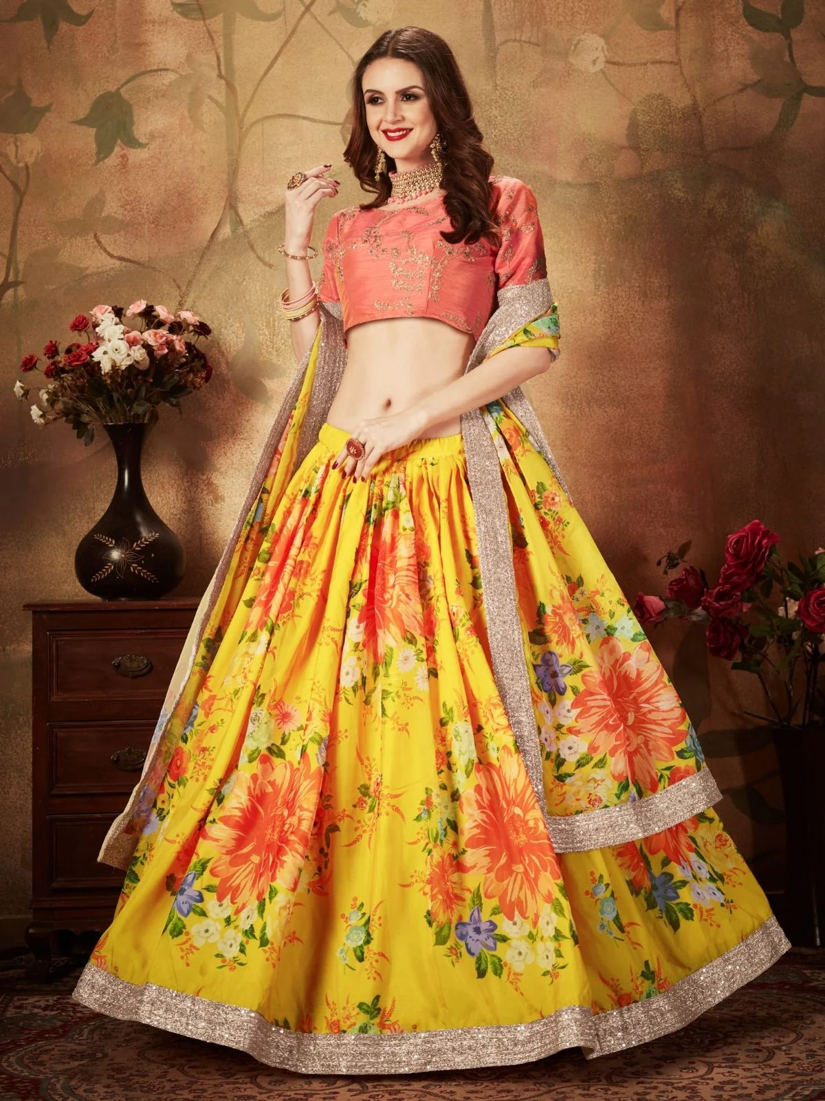 Odette Yellow Organza Printed Semi Stitched Lehenga With Unstitched Blouse For Women - Image 3