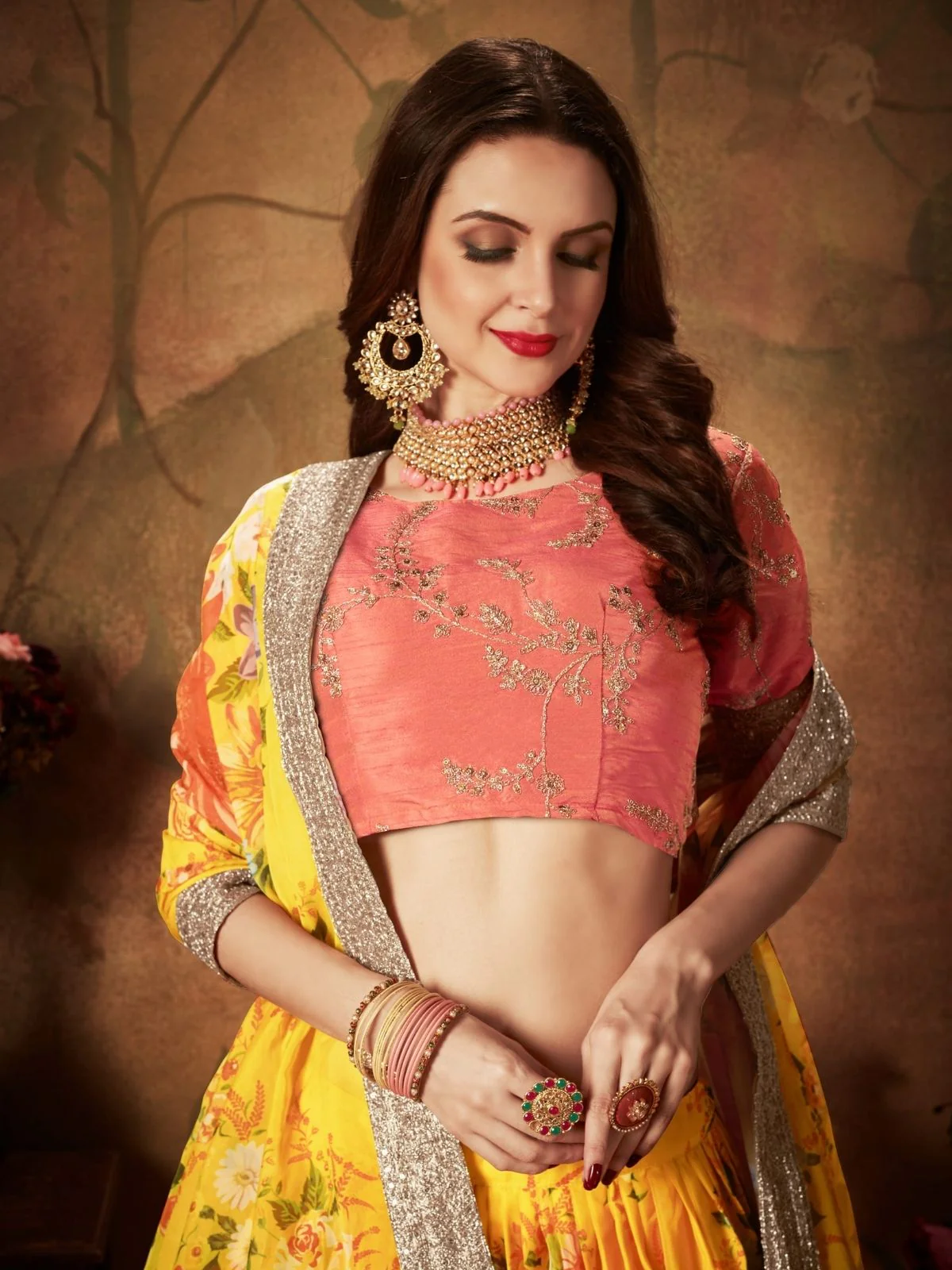 Odette Yellow Organza Printed Semi Stitched Lehenga With Unstitched Blouse For Women - Image 5