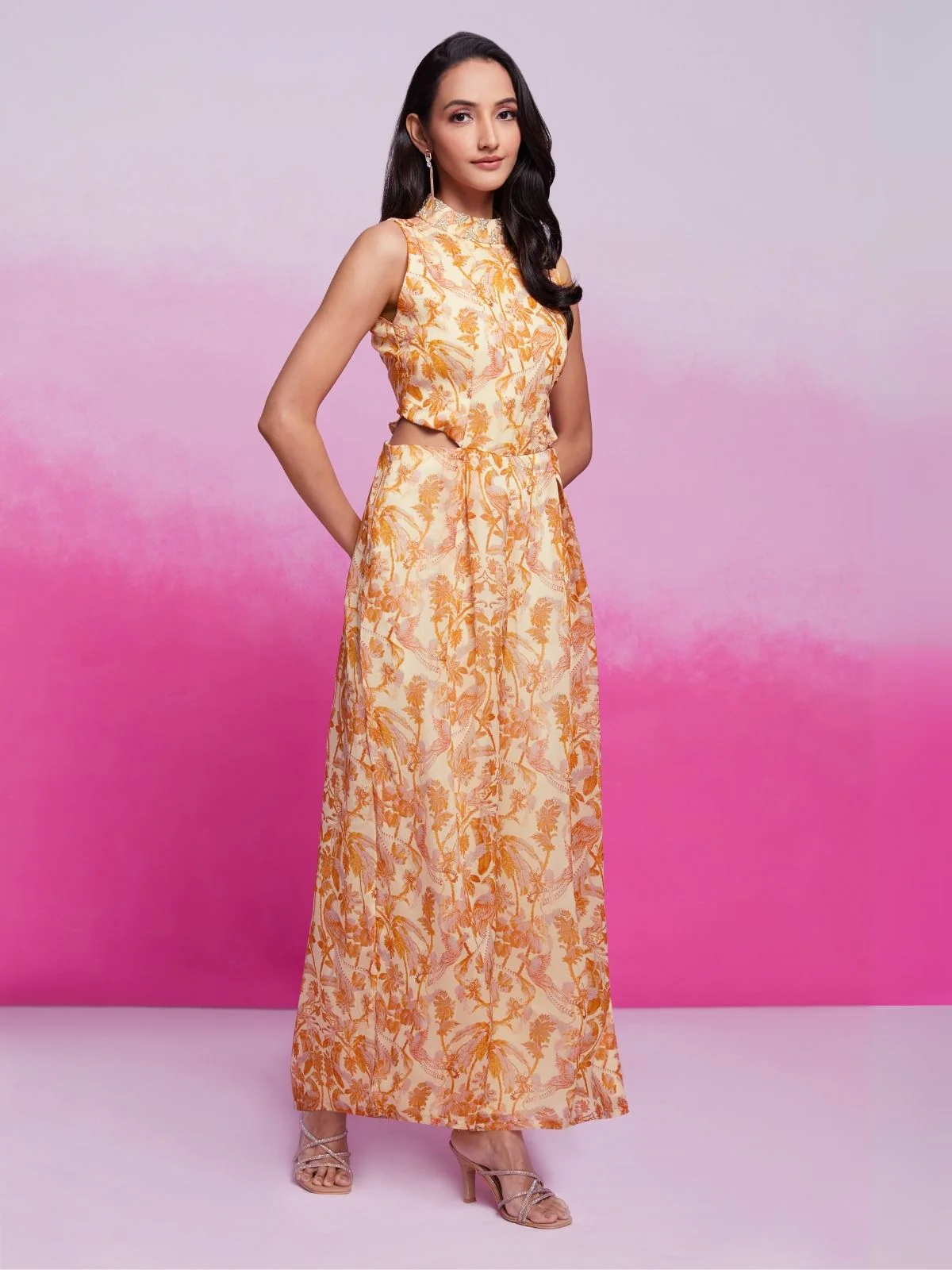 Odette Yellow Organza Printed Stitched Jumpsuit For Women - Image 2