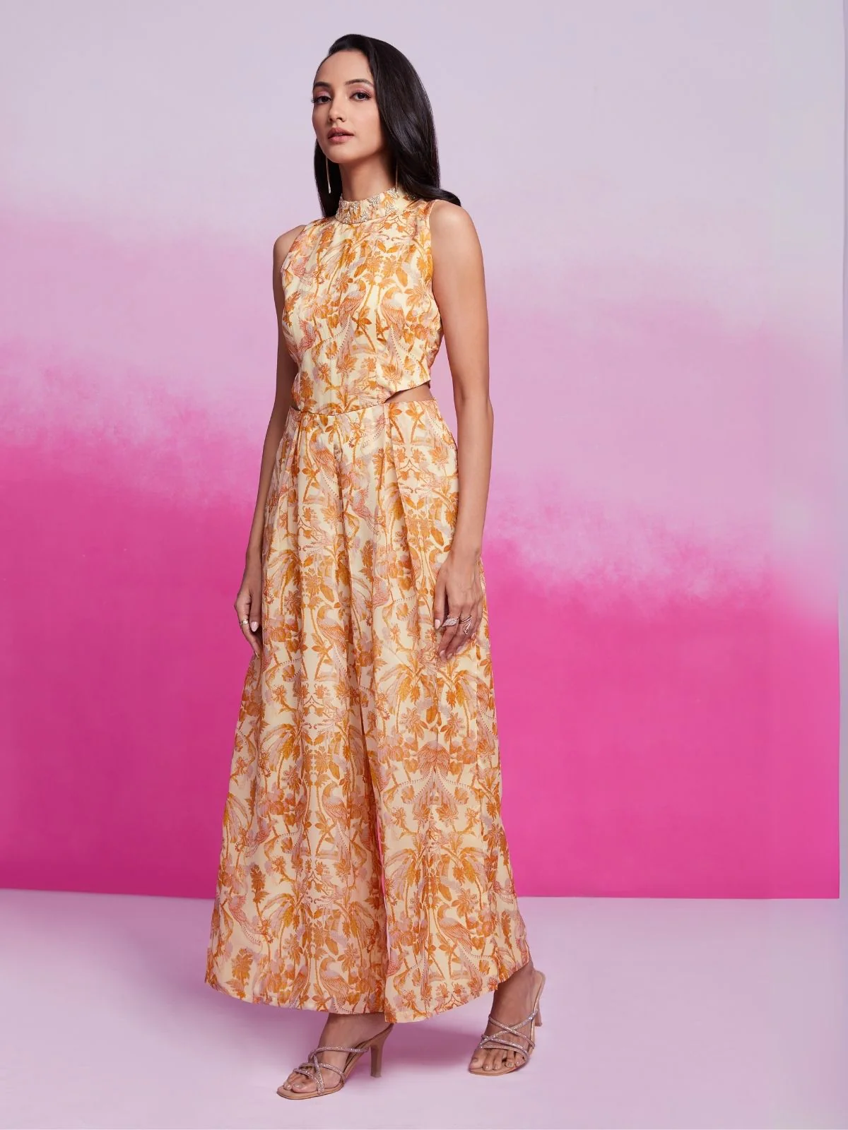 Odette Yellow Organza Printed Stitched Jumpsuit For Women - Image 3