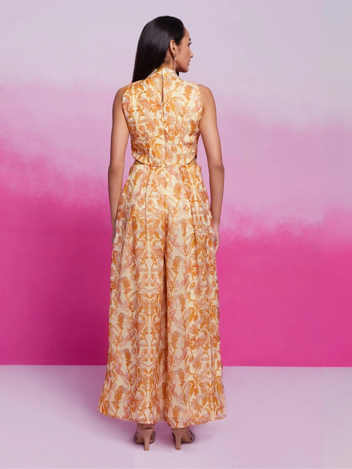 Odette Yellow Organza Printed Stitched Jumpsuit For Women - Image 4