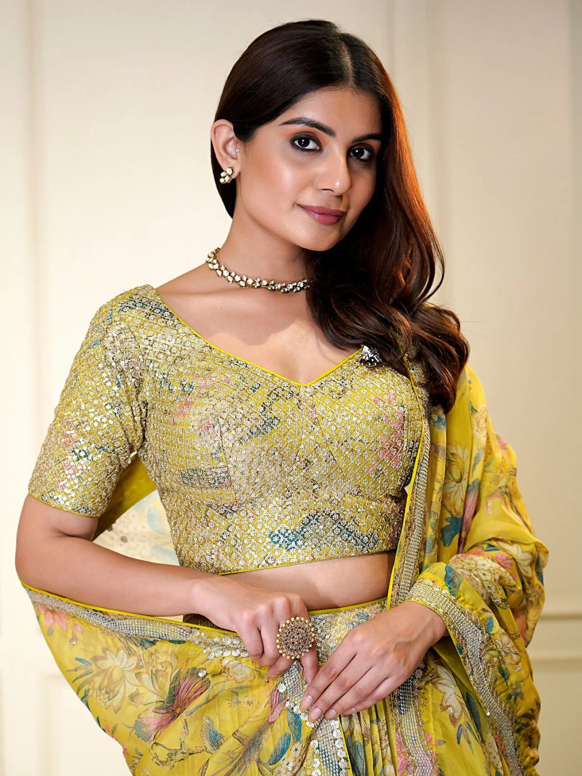 Odette Yellow Organza Printed Stitched Lehenga For Women - Image 2