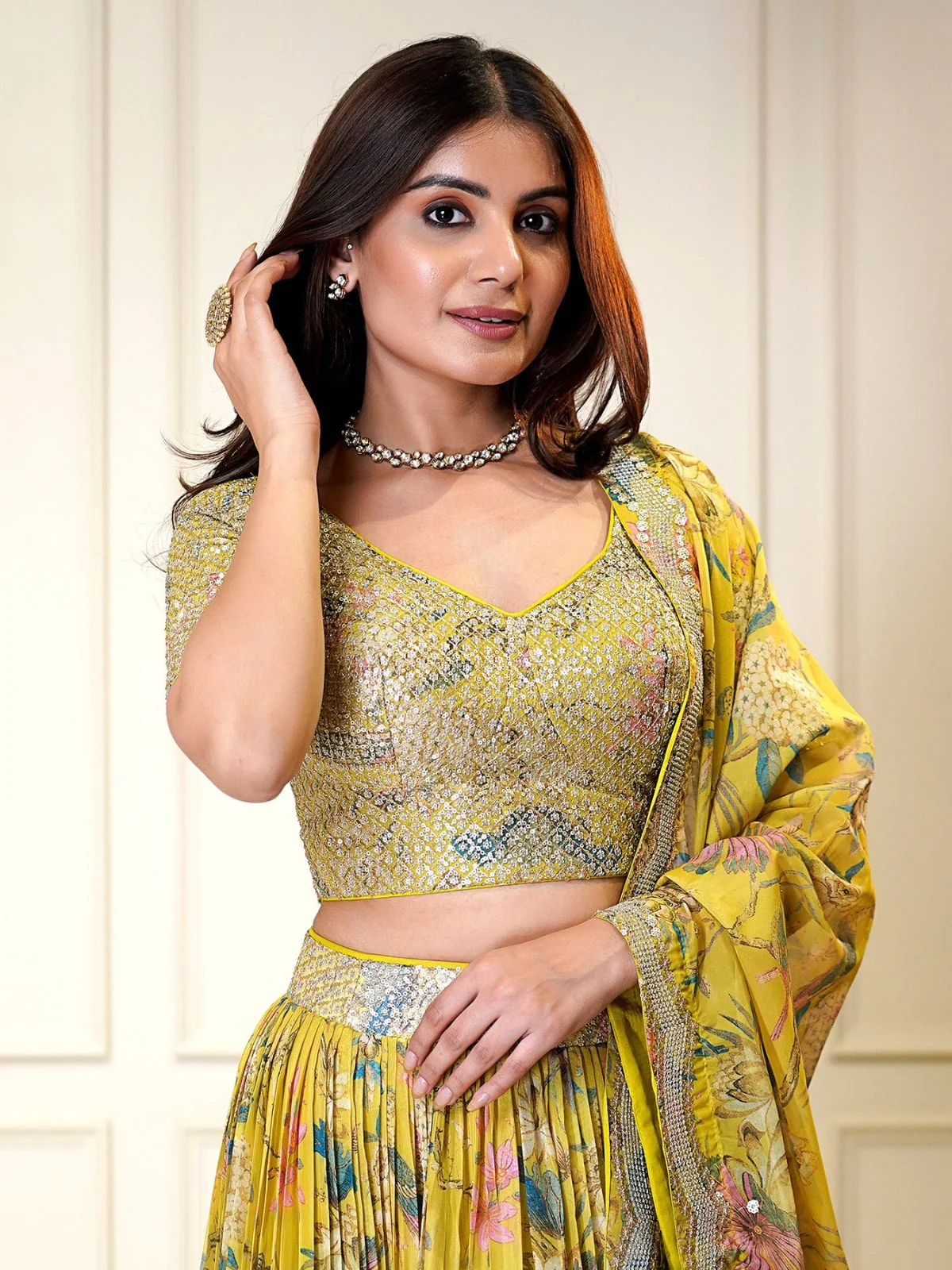 Odette Yellow Organza Printed Stitched Lehenga For Women - Image 3