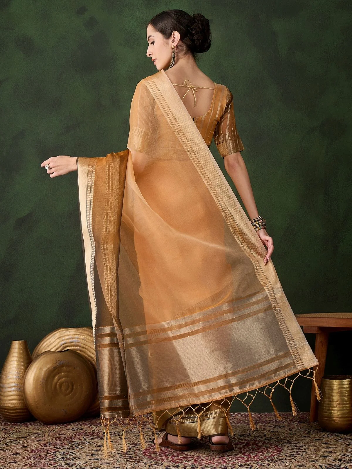 Odette Yellow Organza Woven Saree With Unstitched Blouse For Women - Image 2