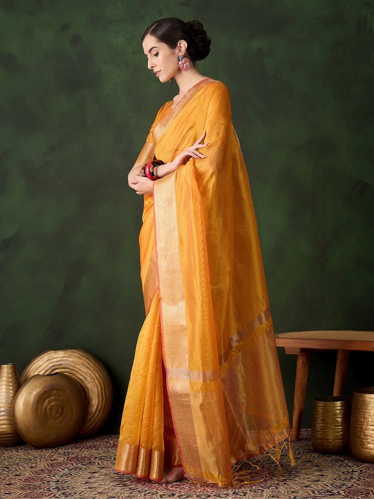 Odette Yellow Organza Woven Saree With Unstitched Blouse For Women - Image 2