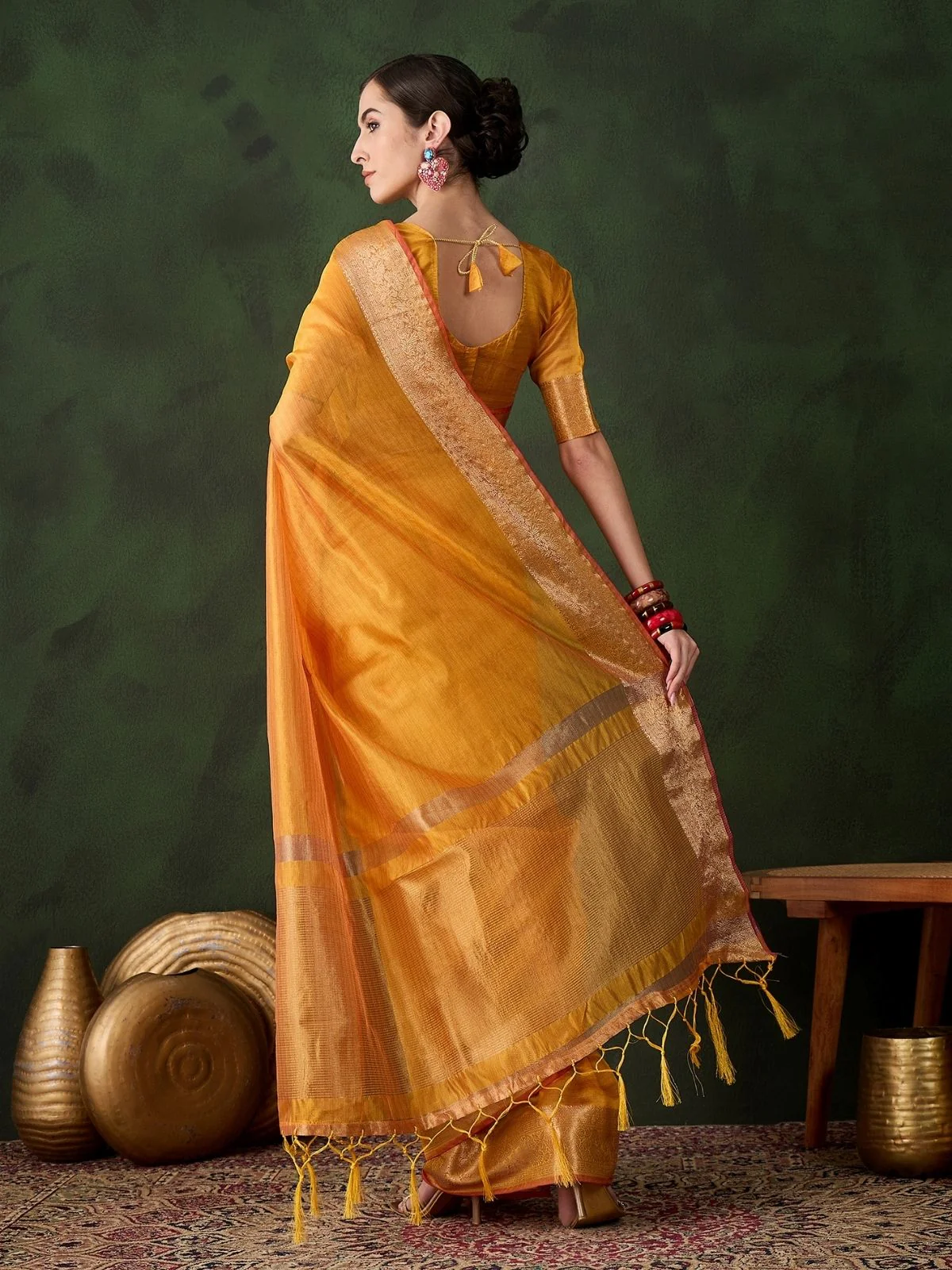 Odette Yellow Organza Woven Saree With Unstitched Blouse For Women - Image 3