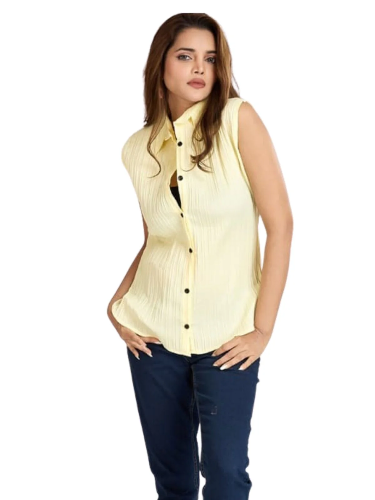 Odette Yellow Poly Cotton Solid Shirt For Women - Image 2