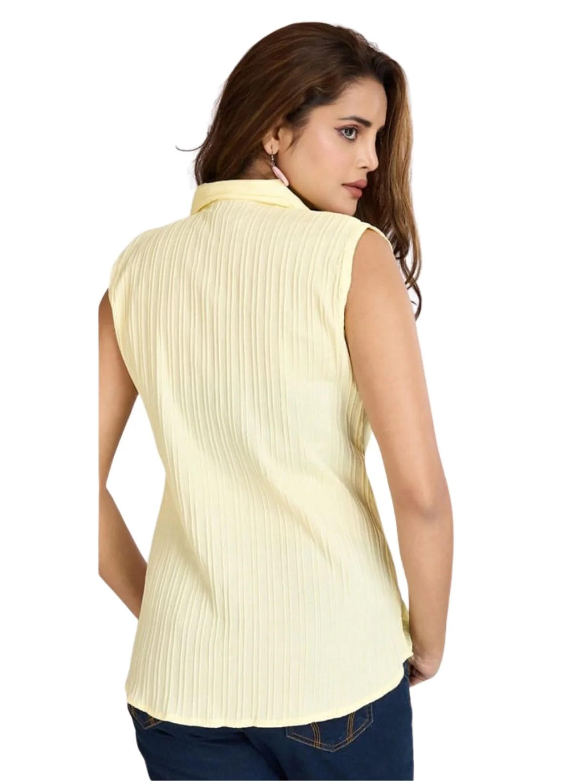 Odette Yellow Poly Cotton Solid Shirt For Women - Image 3
