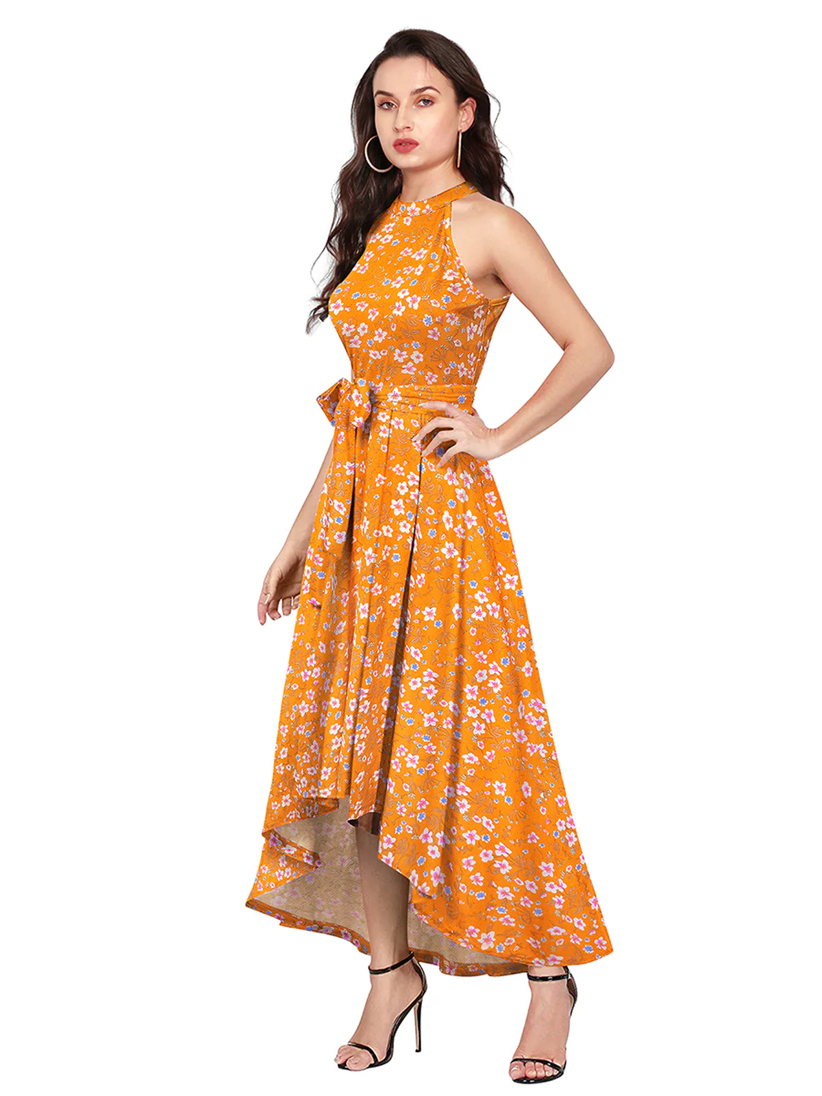 Odette Yellow Polyester Asymmetric A-line Printed Dress For Women - Image 3