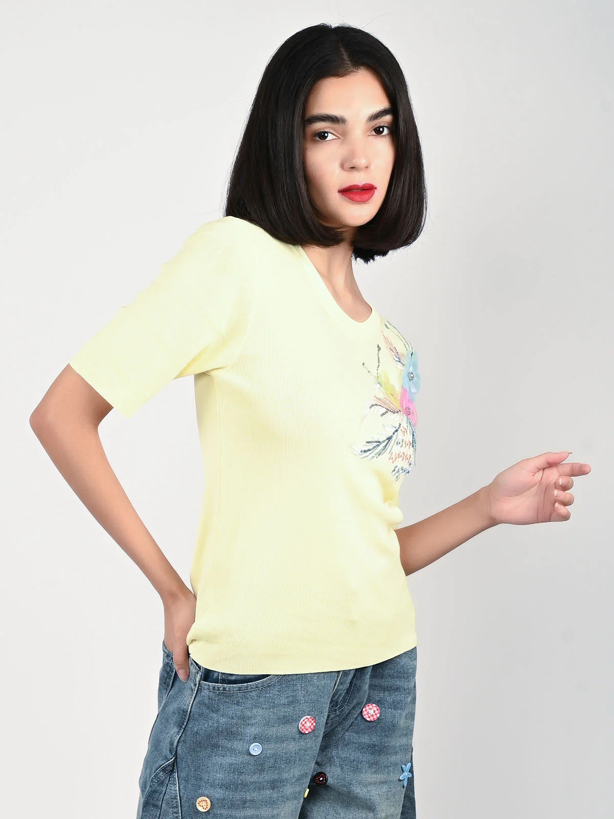 Odette Yellow Polyester Lycra Embellished Top For Women - Image 3