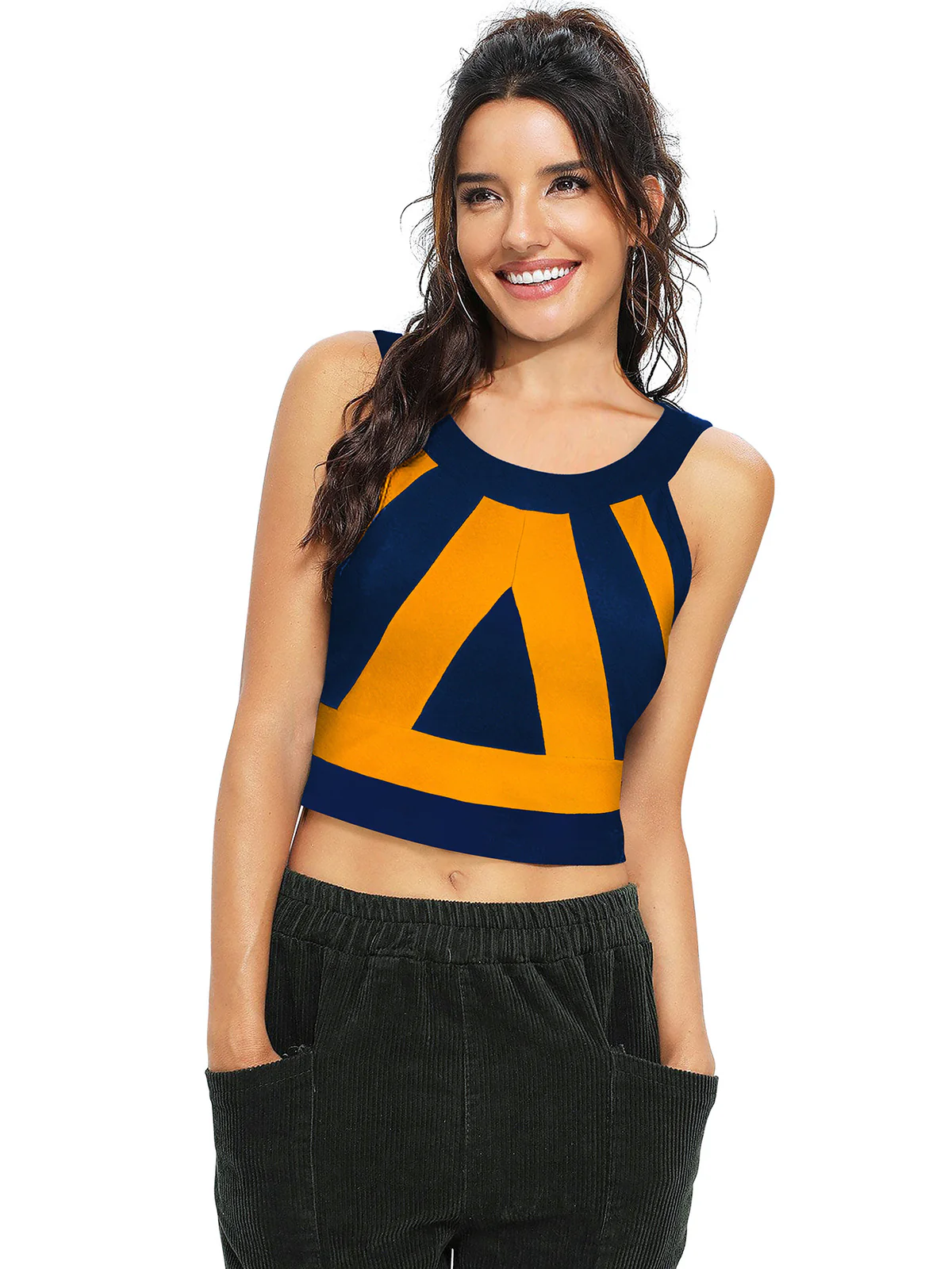 Odette Yellow and Blue Polyester Printed Top For Women