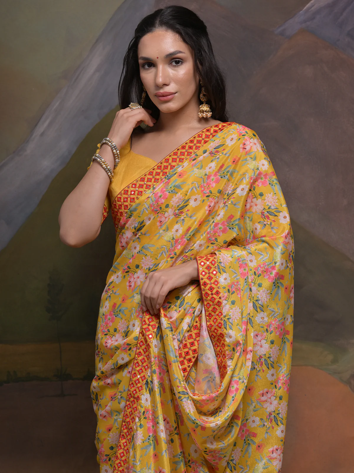 Odette Yellow Printed Chiffon Saree With Unstitched Blouse For Women - Image 5