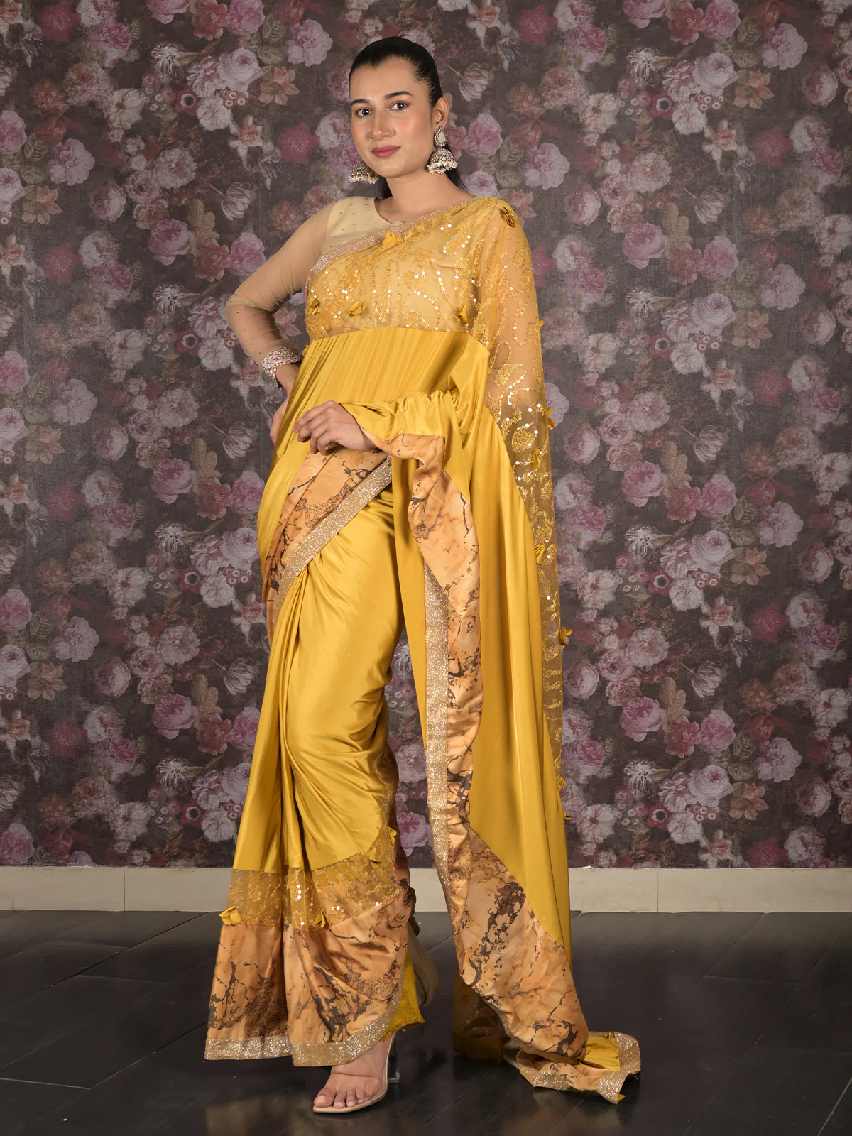 Odette Yellow Printed Embroidered Lycra Saree with Unstitched Blouse for Women - Image 2