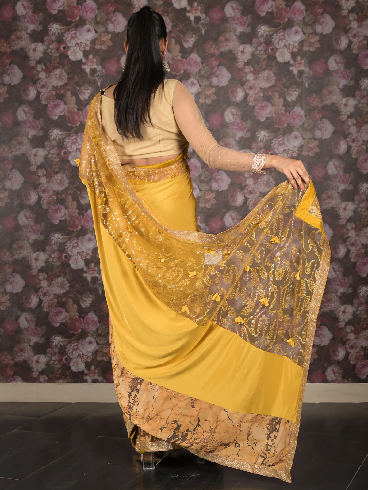 Odette Yellow Printed Embroidered Lycra Saree with Unstitched Blouse for Women - Image 4