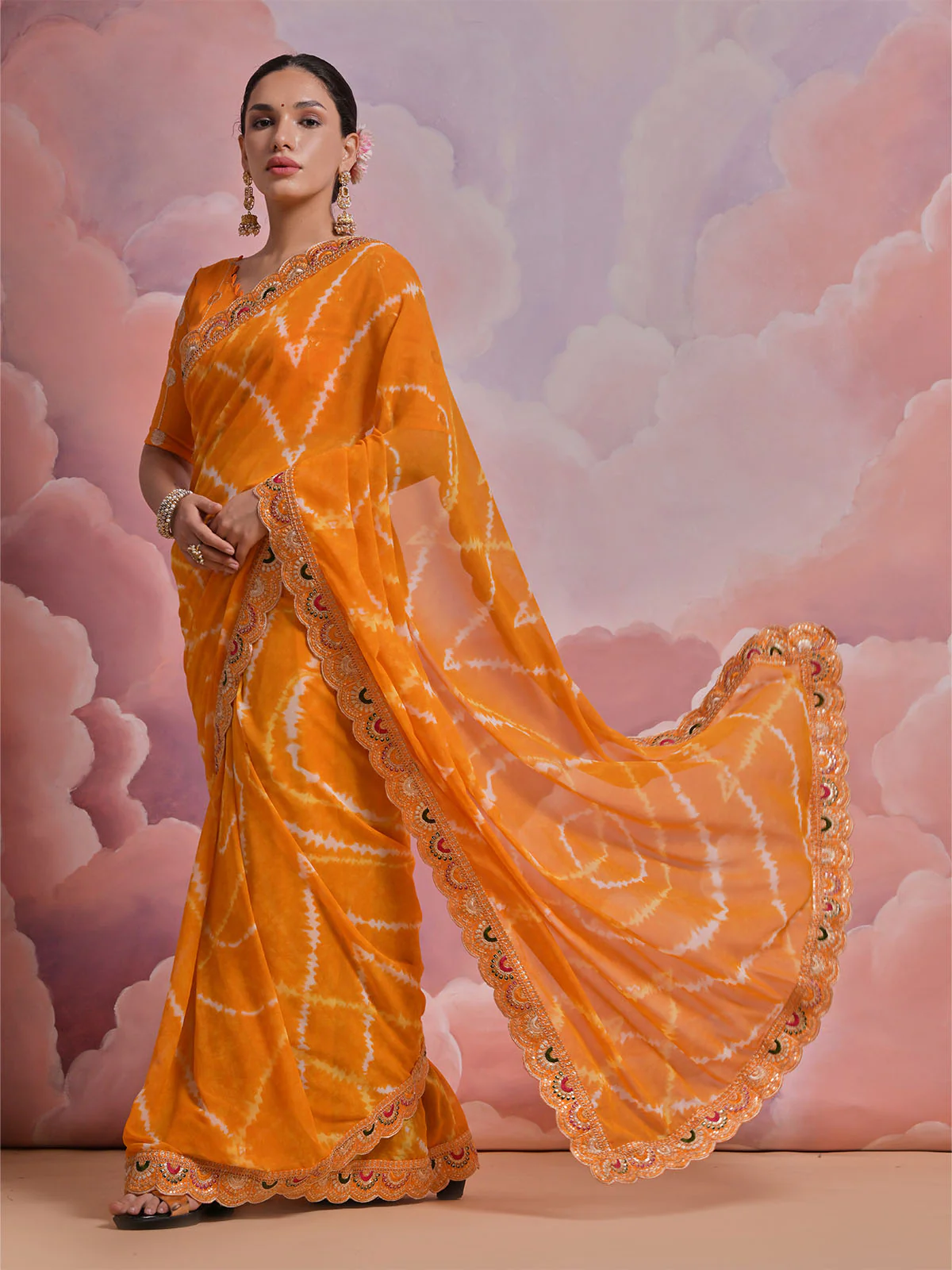 Odette Orange Printed Georgette Saree With Unstitched Blouse For Women - Image 2