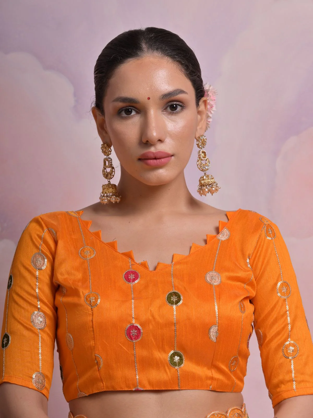 Odette Orange Printed Georgette Saree With Unstitched Blouse For Women - Image 5